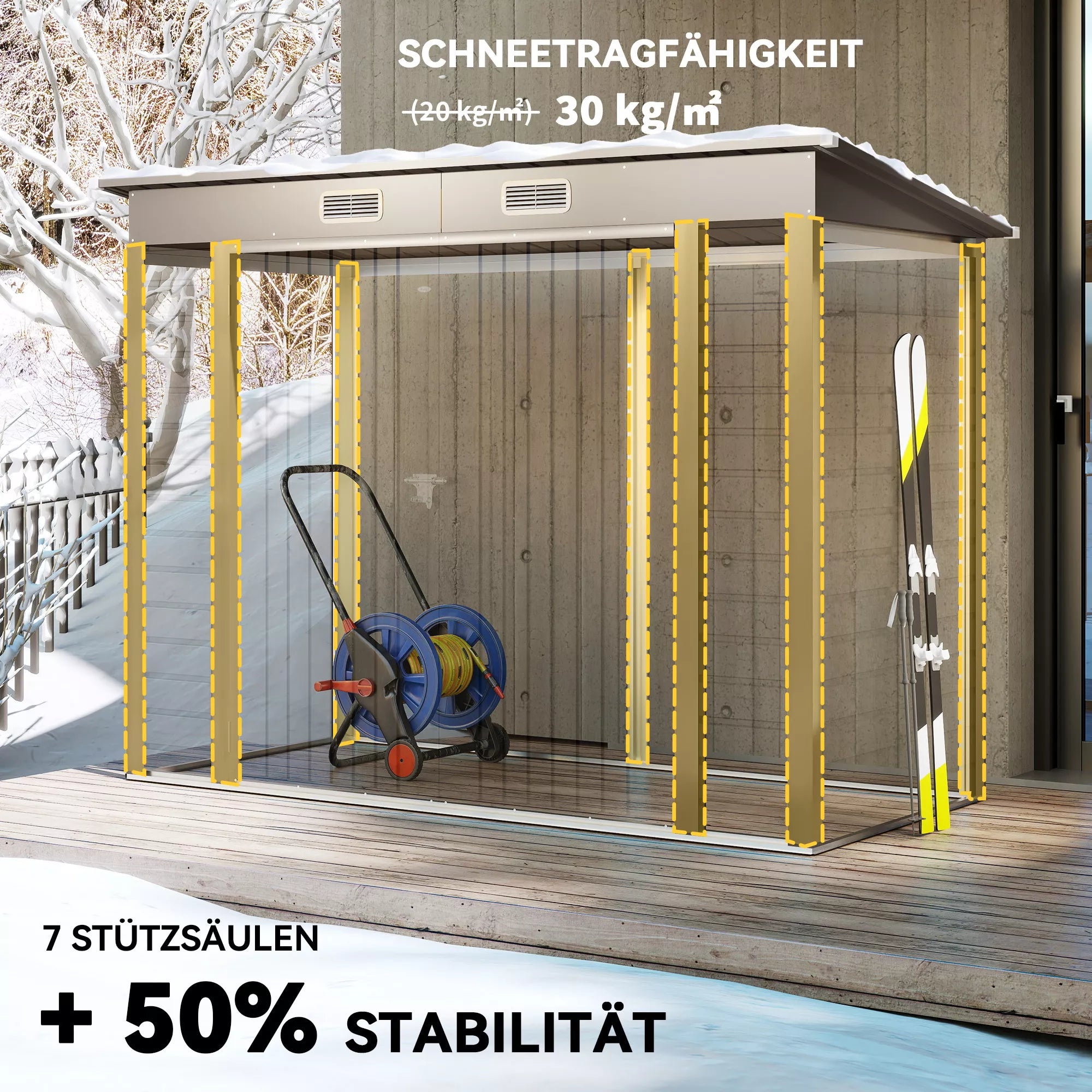 Metalinis sodo namelis, įrankių namelis, dvigubos durys, 249 x 121 x 166/183 cm, šviesiai pilkos spalvos