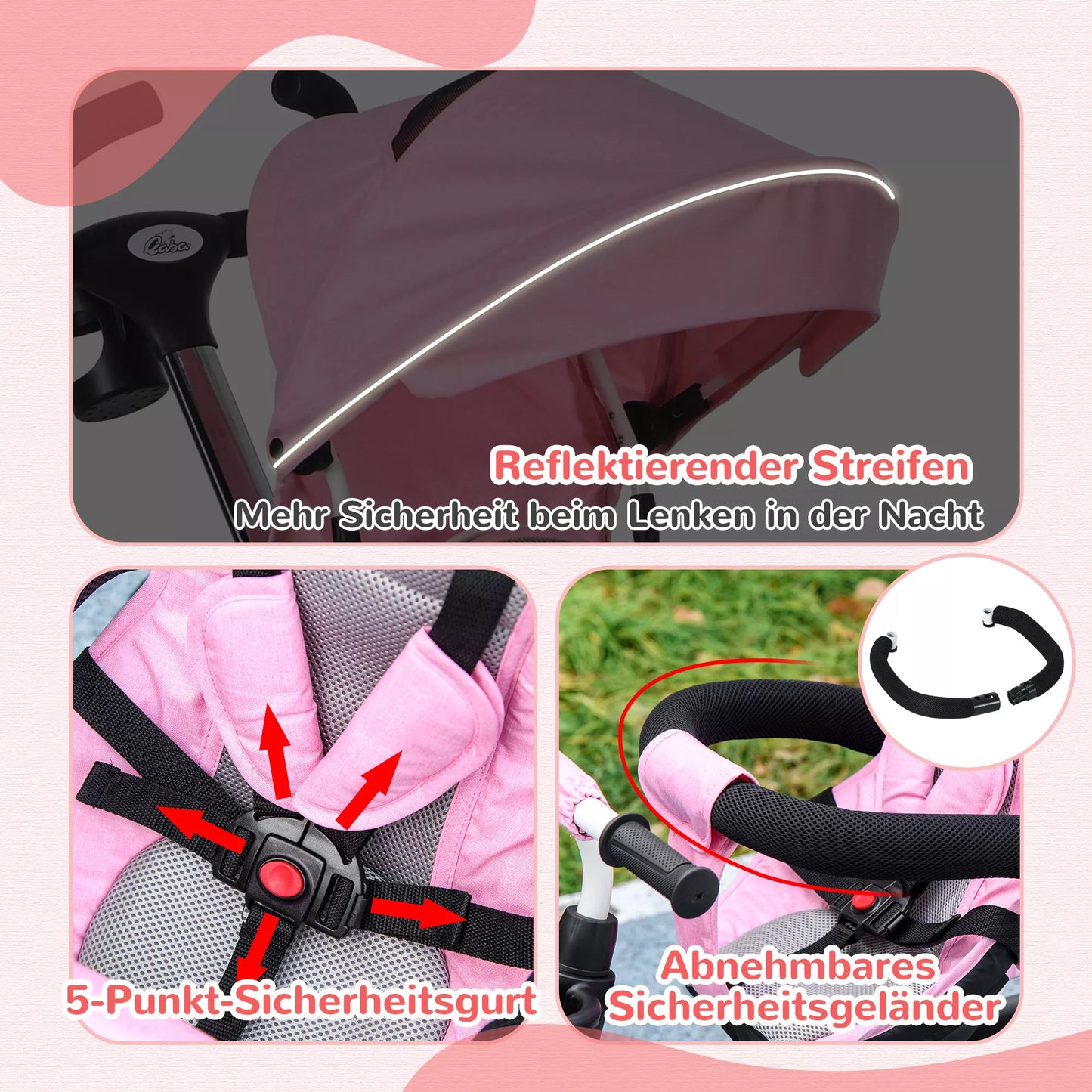 6-in-1 vaikiškas triratukas su stūmimo rankena, stogeliu, saugos diržu, krepšeliu daiktams, nuo 18 mėn., rožinis