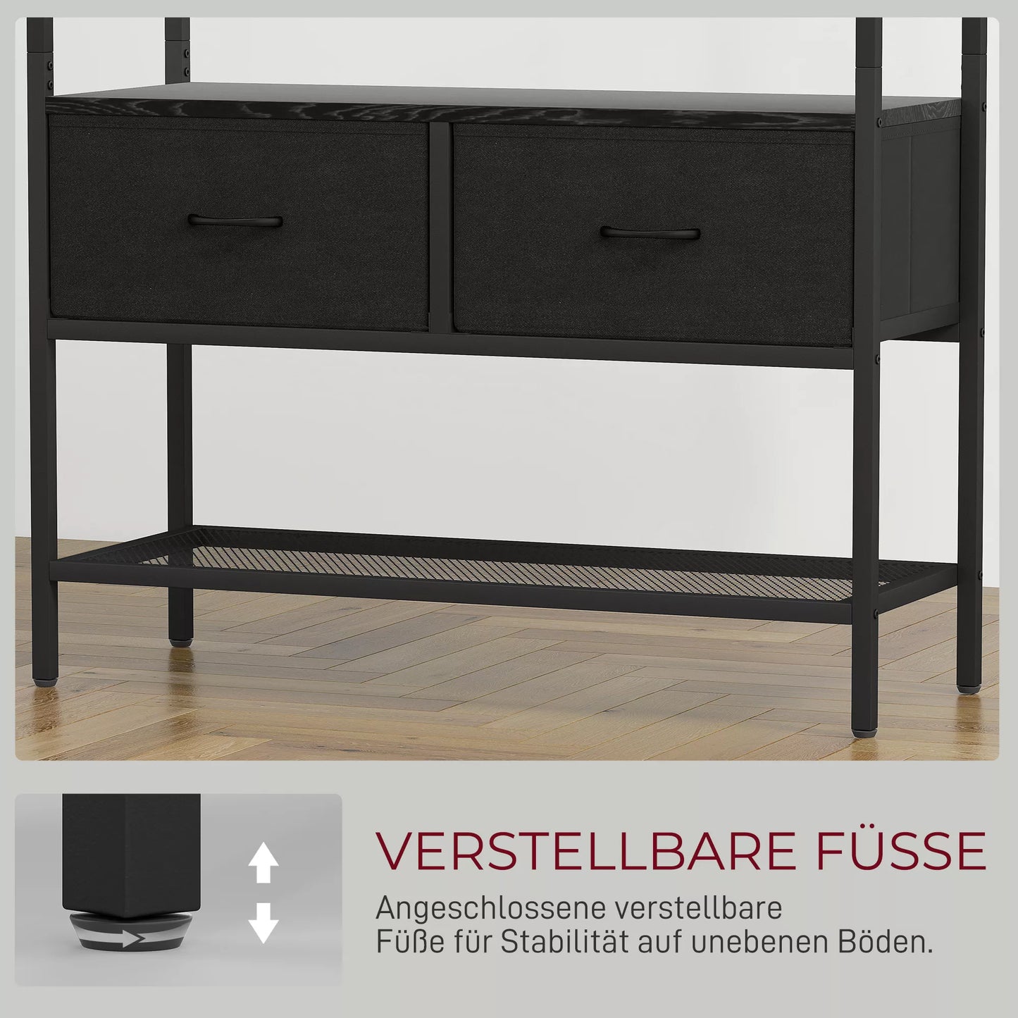 Drabužių kabykla su batų lentyna, drabužių stovas industrinio dizaino, 2 audinio stalčiai, 8 kabliukai, metalinis rėmas, juoda