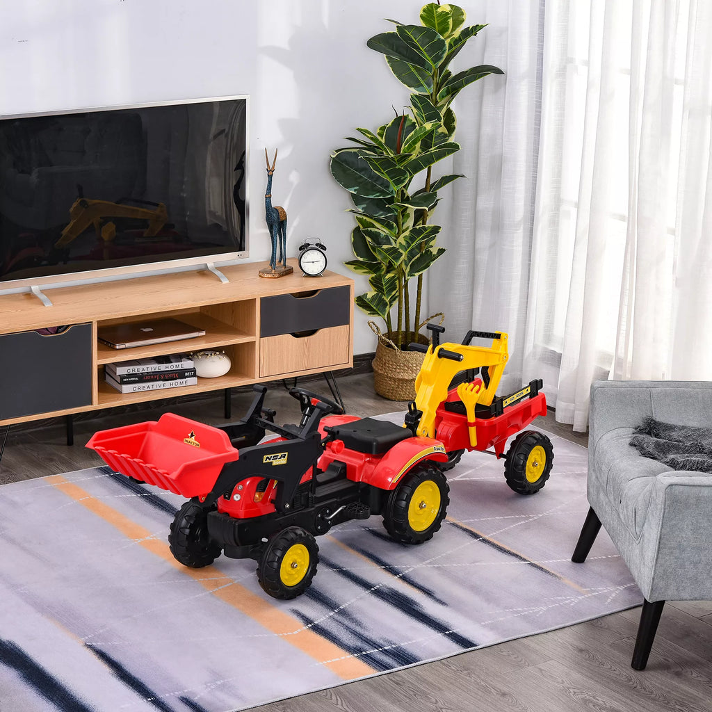 Pedalinis traktorius su priekaba ir krautuvu vaikams nuo 3 metų, raudonas