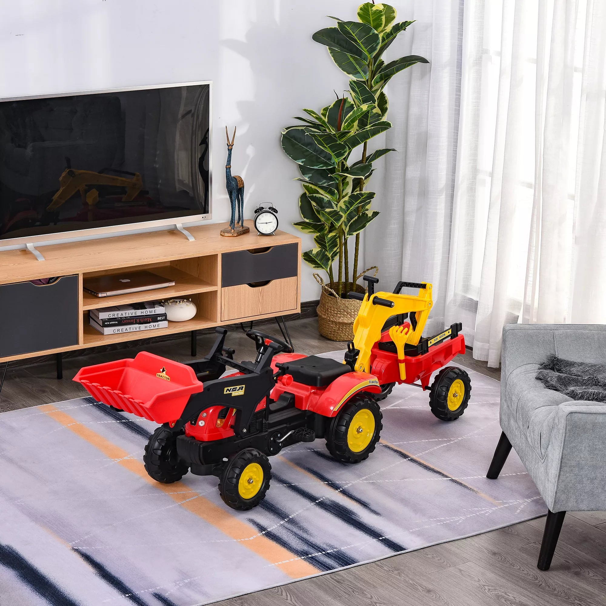 Pedalinis traktorius su priekaba ir krautuvu vaikams nuo 3 metų, raudonas