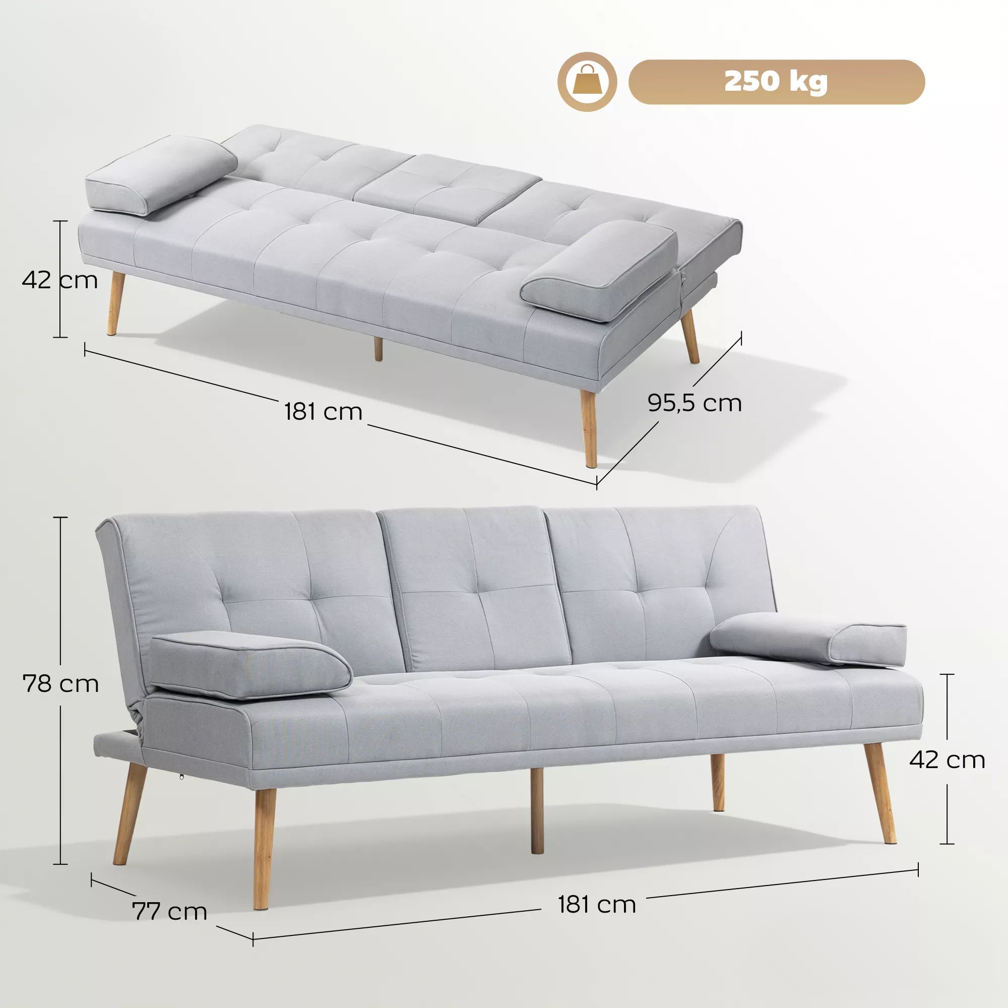 Miegamasis sofos, 3-vietė sofa, miegamasis sofos su atlenkiamu stalu, puodelių laikiklis, lino išvaizdos miegamasis sofos, svetainės svečių sofa, šviesiai pilkos spalvos