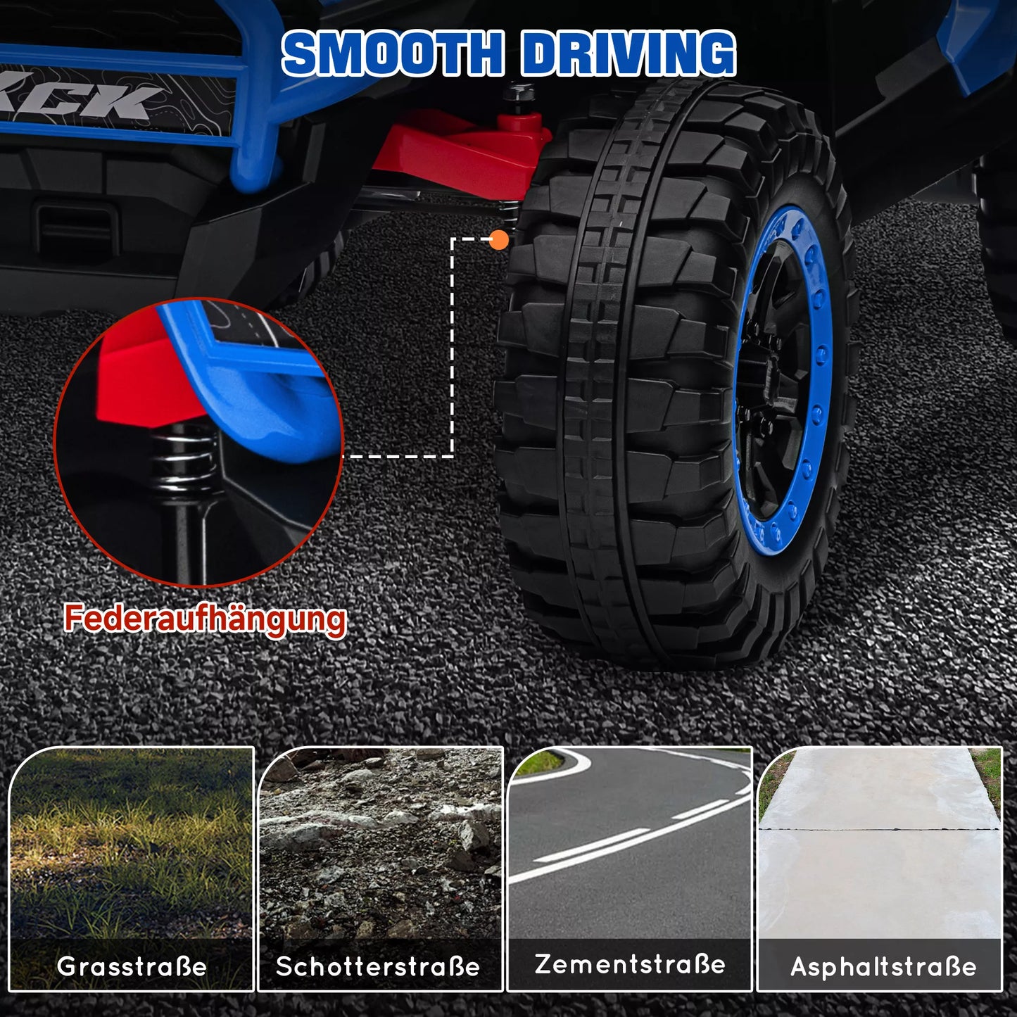 Vaikų automobilis „Elektro-UTV“, 5–7 km/h, 2 vietos, nuotolinis valdymas, muzika, žibintai, 1 val. važiavimo trukmė, mėlynas