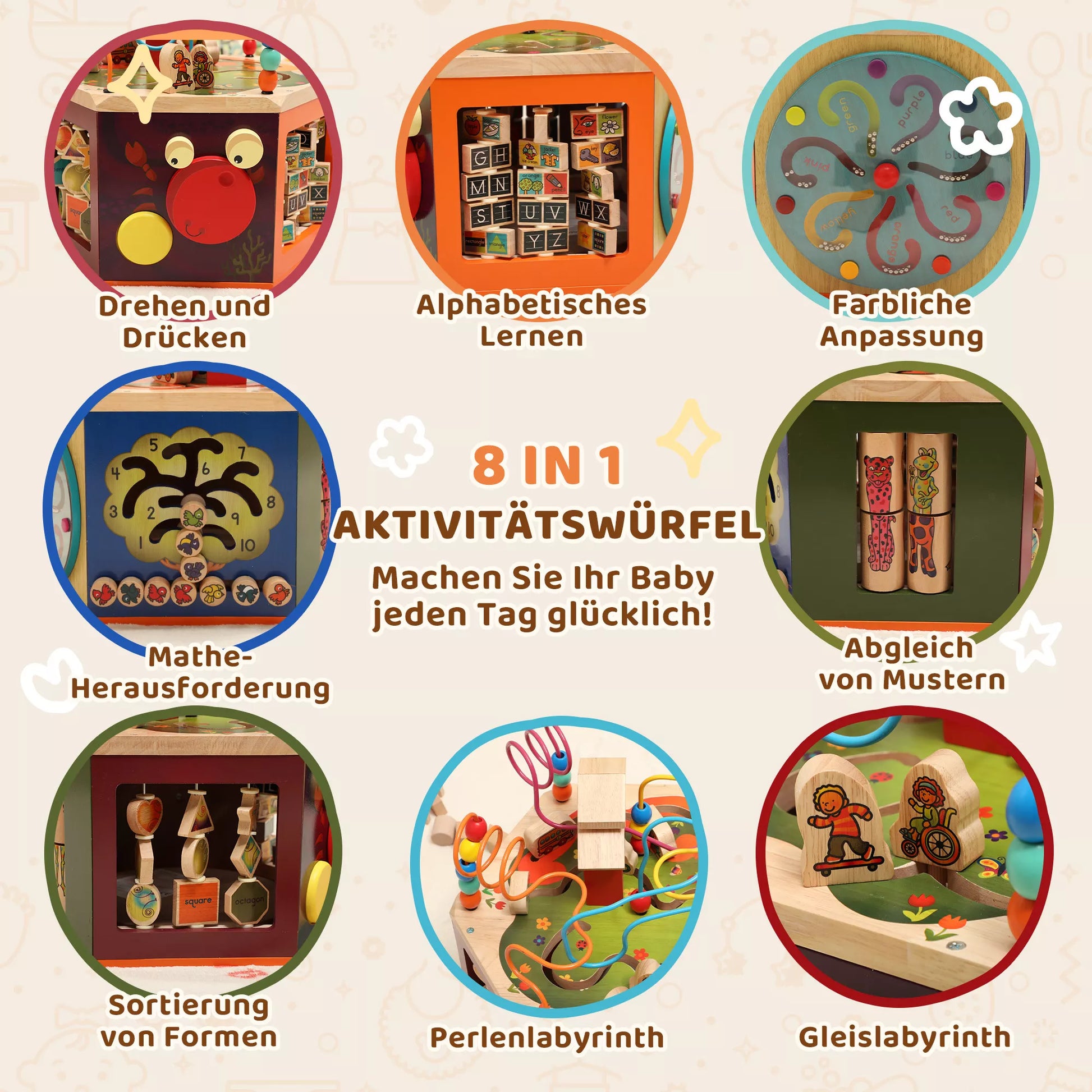 Motorikos kubas, 8-in-1 veiklos kubas su motorikos kilpa, karoliukų labirintu, 41,5 x 37,5 x 37,5 cm, įvairių spalvų