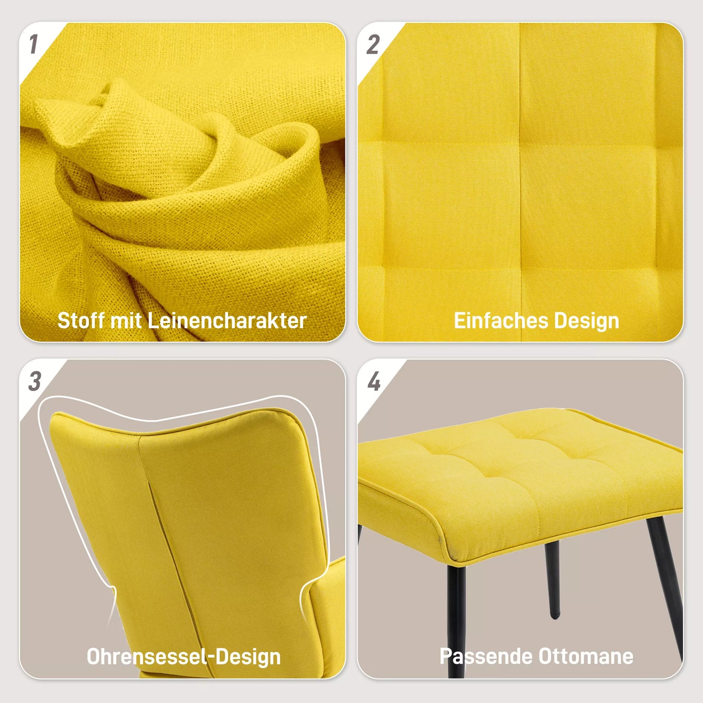 Supamasis krėslas su Osmanu, Skandinaviško dizaino, su pėdų atrama, buko mediena, dygsniuotas, 64 cm x 89 cm x 90 cm, geltonas