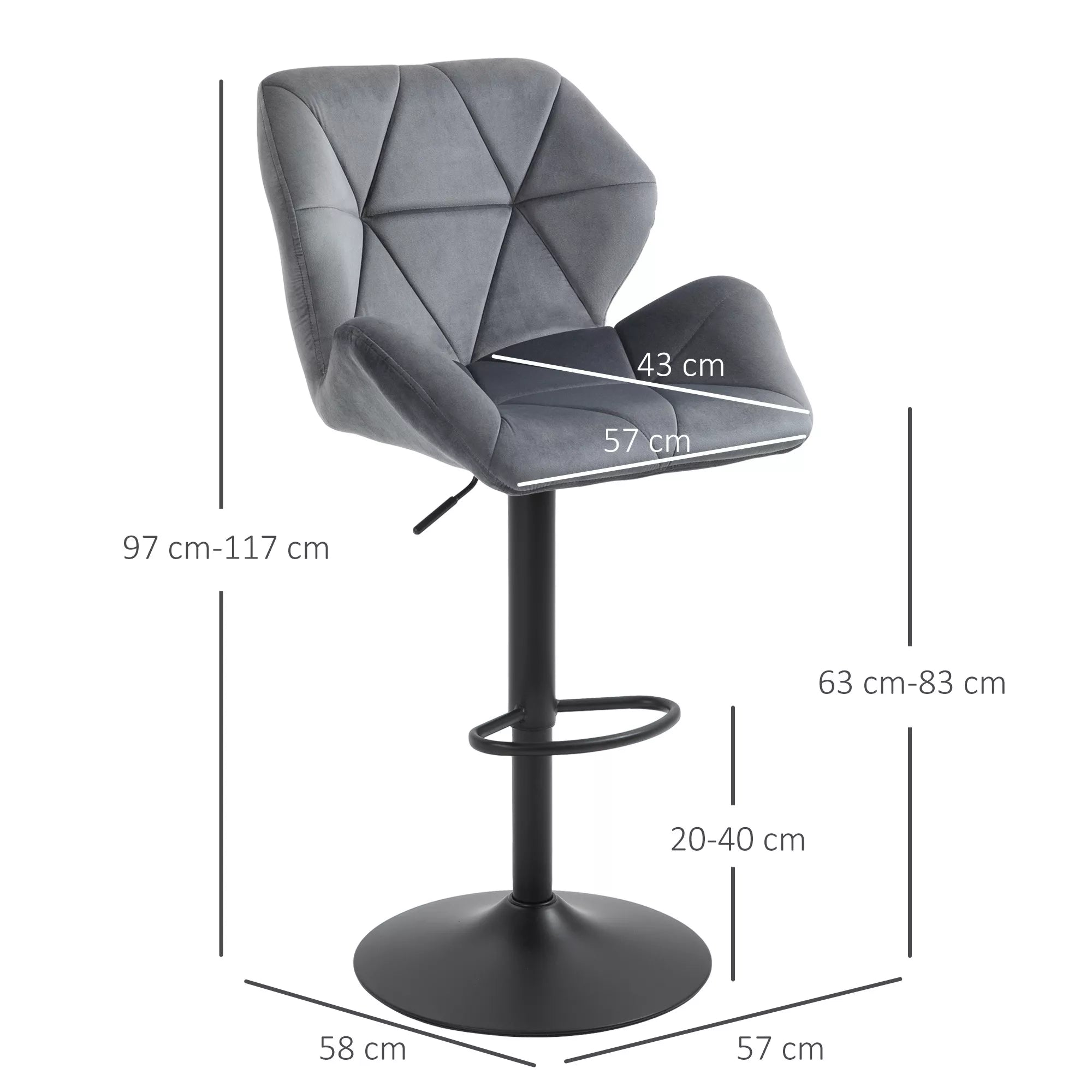 Aksominės baro kėdės su geometriniu raštu (2 vnt.), reguliuojamas aukštis, pilka ir juoda spalvos, pasukama 360