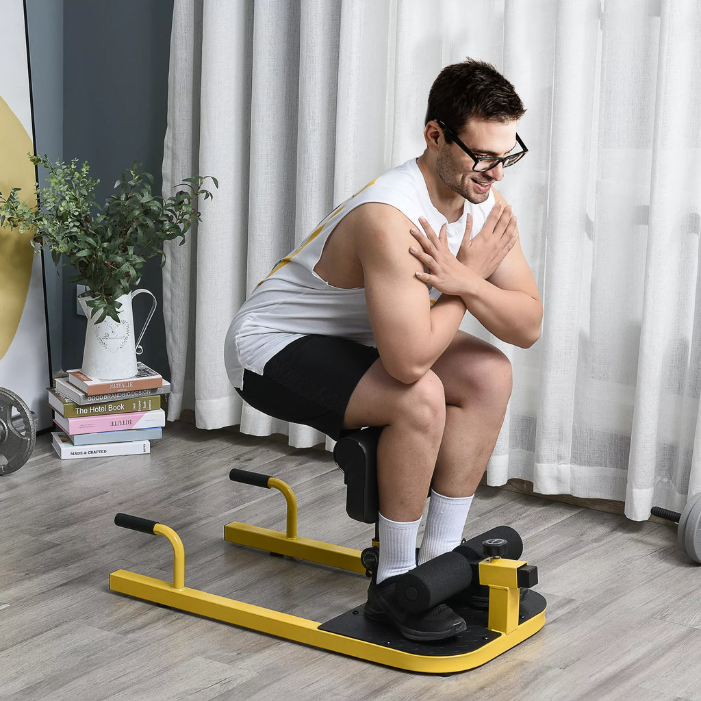 Sissy squat treniruoklis 3 viename, reguliuojamas iki 120 kg, geltonas/juodas