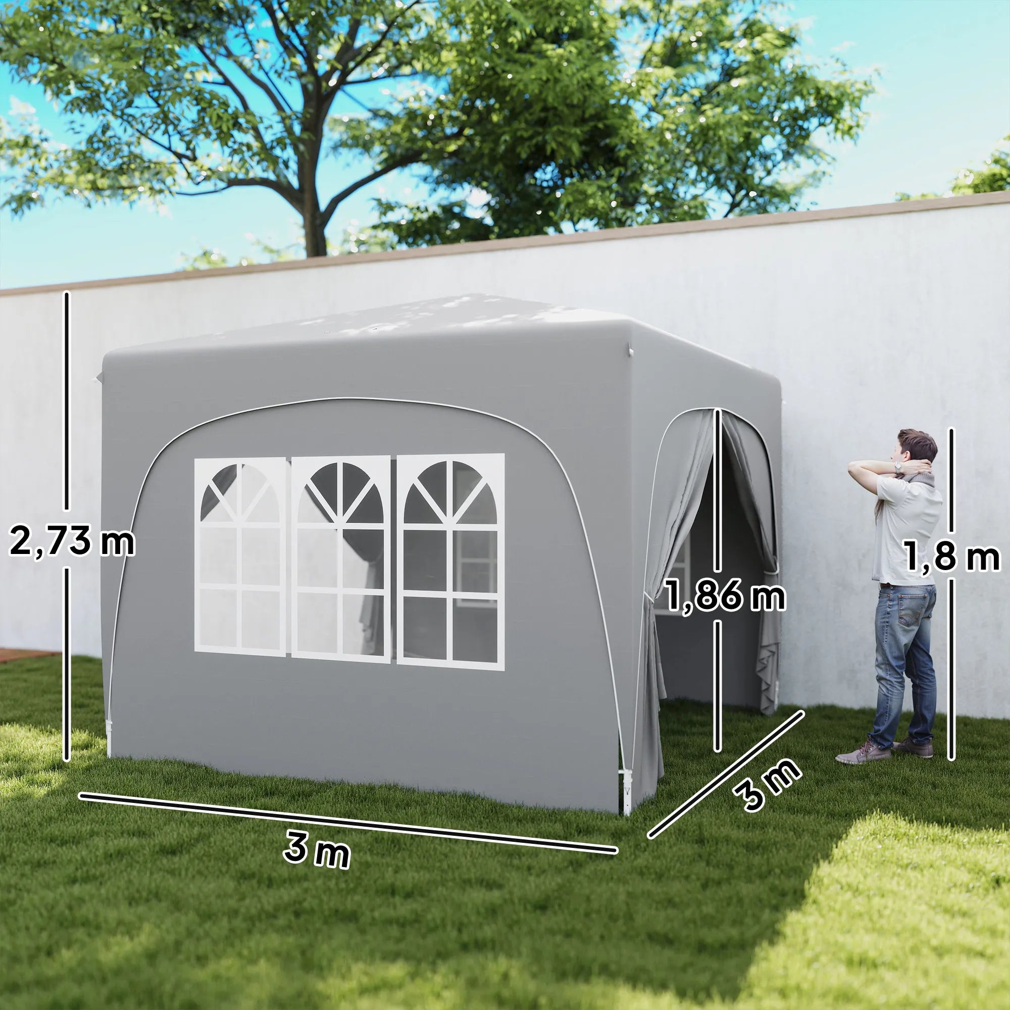 Sulankstomas sodo paviljonas 3x3 m su šoninėmis sienomis, langais ir durimis, sodo palapinė renginiams, šviesiai pilka