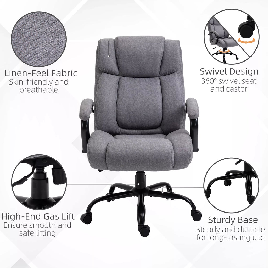 Biuro kėdė, ergonomiška vadovo kėdė, atlaikanti iki 220 kg svorį, paminkštinta darbo kėdė su porankiais, plačia sėdimoji dalis, aukščio reguliuojama sukiojama kėdė su svyravimo funkcija, lino imitacija, šviesiai pilka