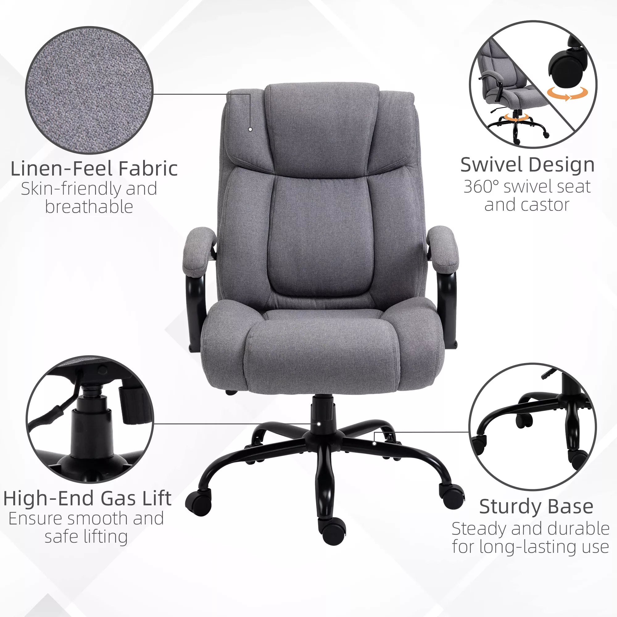 Biuro kėdė, ergonomiška vadovo kėdė, atlaikanti iki 220 kg svorį, paminkštinta darbo kėdė su porankiais, plačia sėdimoji dalis, aukščio reguliuojama sukiojama kėdė su svyravimo funkcija, lino imitacija, šviesiai pilka