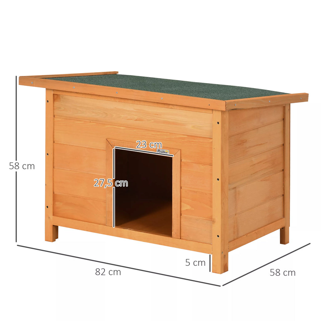 Schema su šunų būdos matmenimis: 82 × 58 cm, aukštis 58 cm