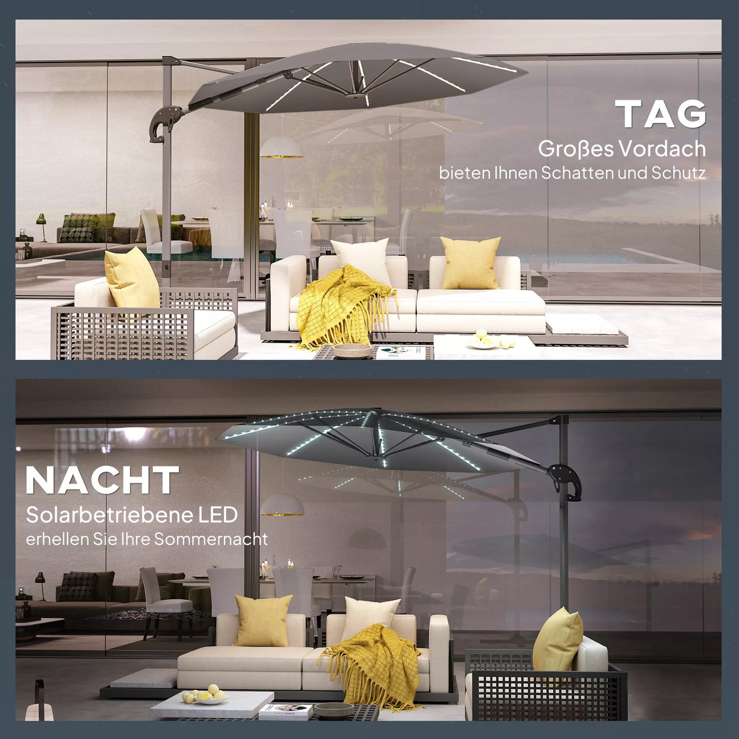 Alu Pastatomas skėtis su LED Saulės energija Ø300 cm, reguliuojamo aukščio, su rankenėle, UV50+ tamsiai pilkos spalvos