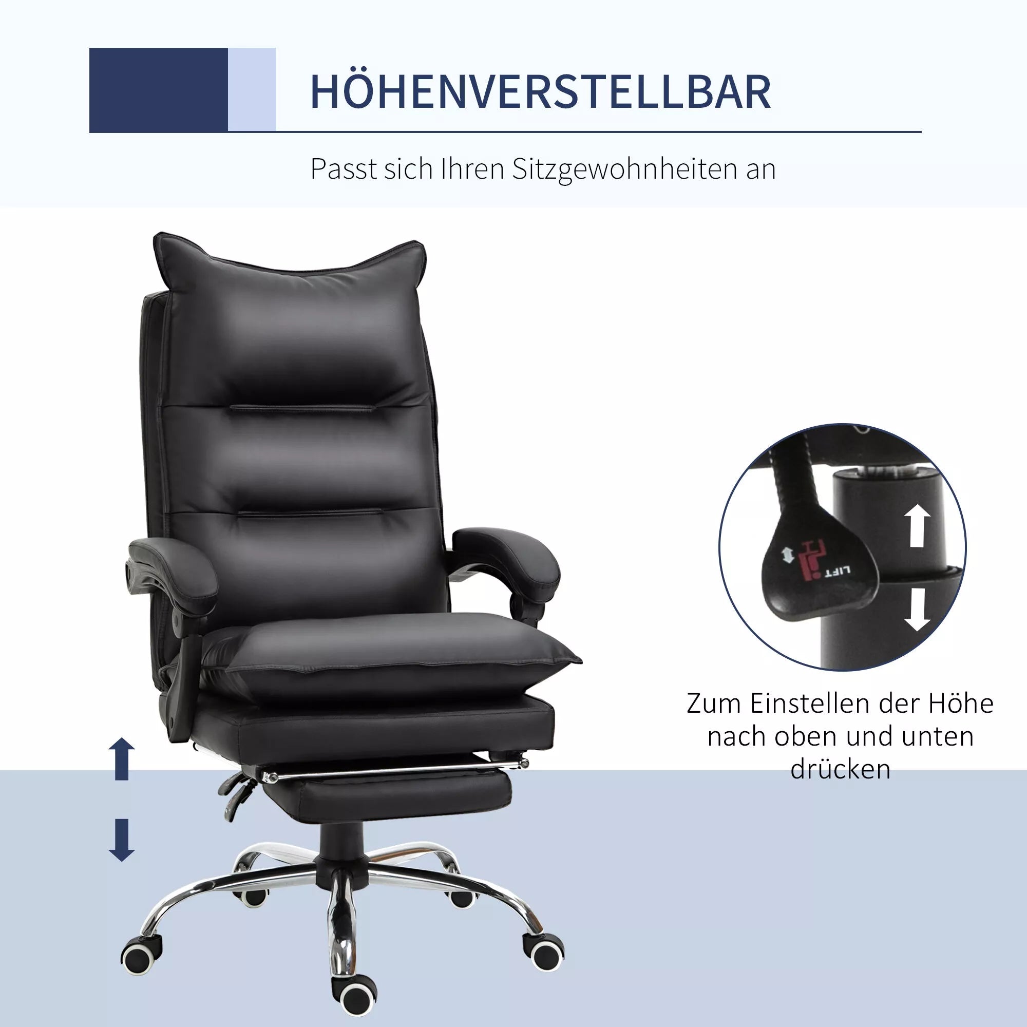 Biuro kėdė Ergonomiška darbo kėdė su porankiais, atrama kojoms, aukščio reguliuojama sukiojama kėdė iš dirbtinės odos, paminkštinta kompiuterio kėdė, juoda