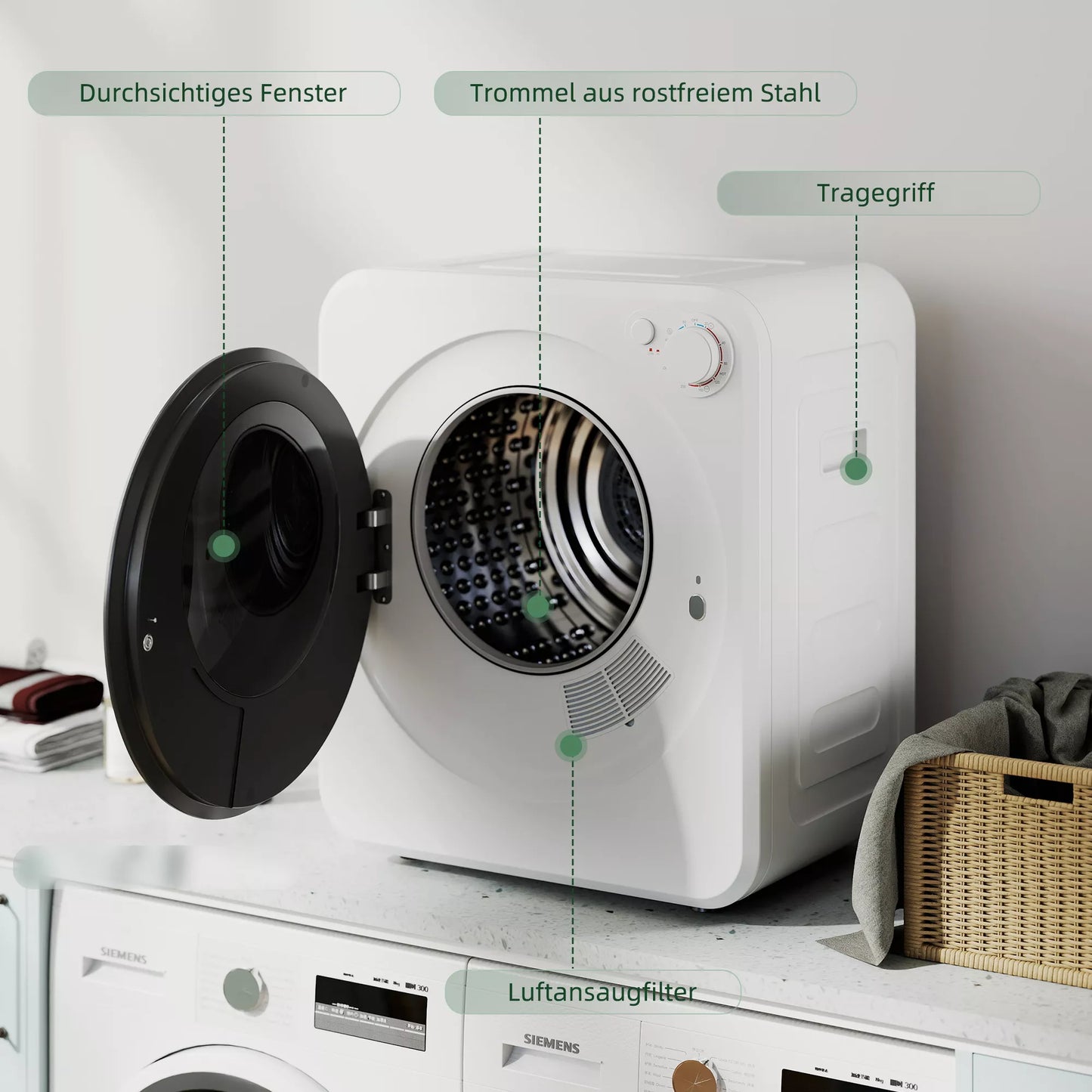 Mini džiovyklė su penkiomis programomis, ventiliacinė būgninė džiovyklė, nerūdijantis plienas, 4 kg, balta