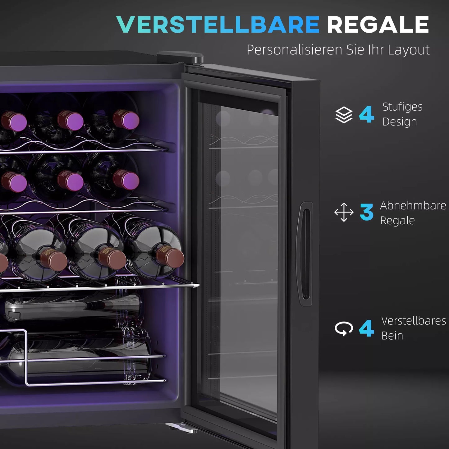 Atskirai stovintis vyno šaldytuvas, 16 butelių, skirtas namų barui, svetainei, virtuvei. Liečiamasis ekranas, stiklinės durys, LED apšvietimas.