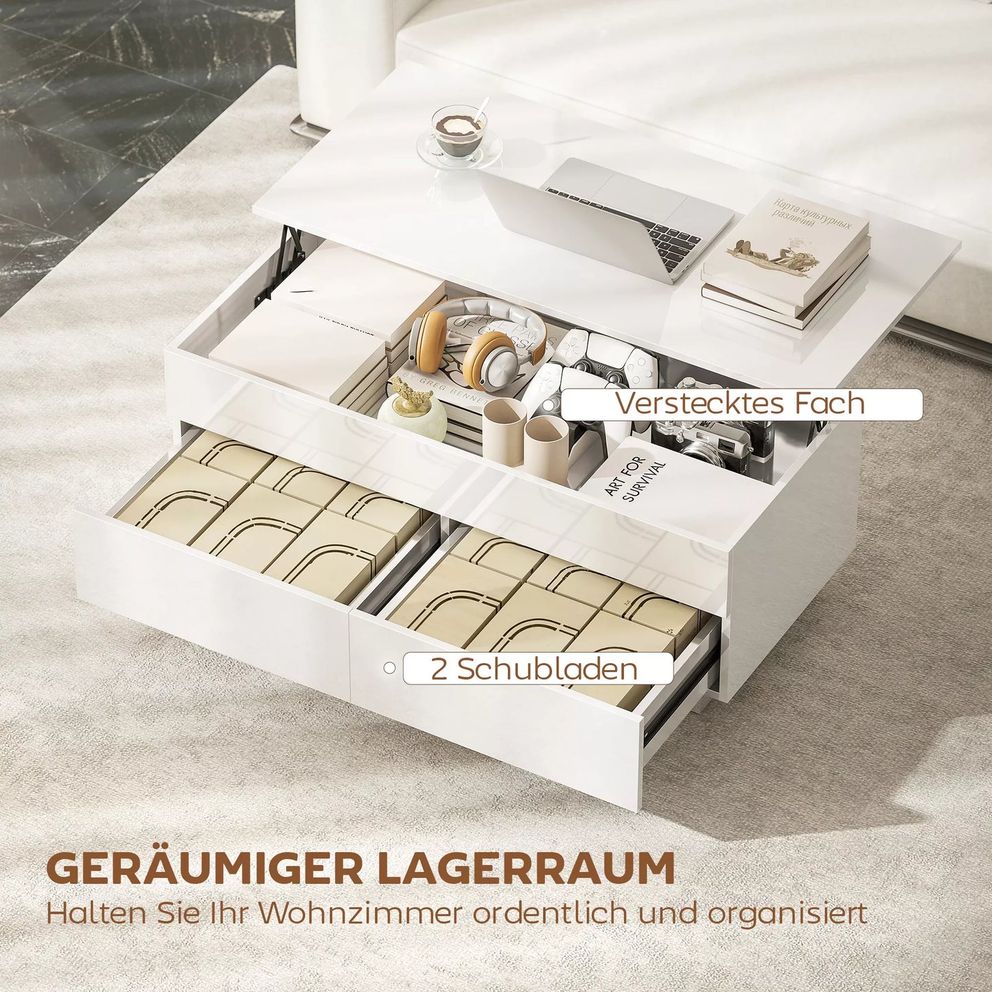 Kavos staliukas reguliuojamas, modernus svetainės baldas su paslėpta daiktų saugykla ir 2 stalčiais, mdf balta blizgi plokštė, 100x50x45 cm