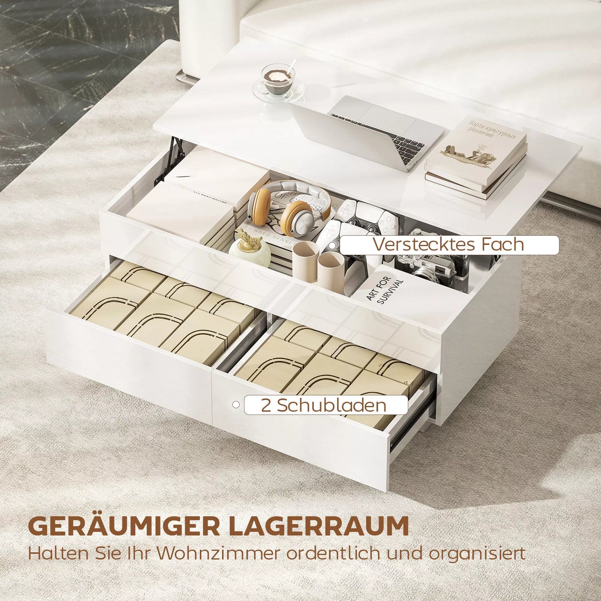 Kavos staliukas reguliuojamas, modernus svetainės baldas su paslėpta daiktų saugykla ir 2 stalčiais, mdf balta blizgi plokštė, 100x50x45 cm