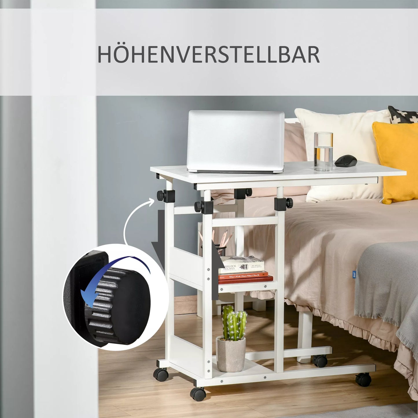 Šoninis staliukas su ratukais, reguliuojamo aukščio, kompaktiškas, 2 lentynos, metalinis rėmas, 80x40x72-82 cm, baltas