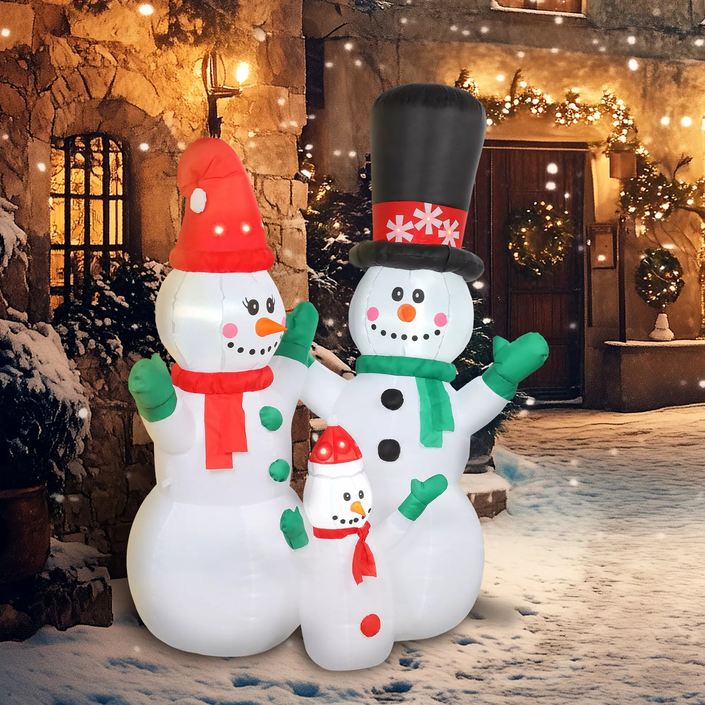 Pripučiamas sniego senio šeima, 1,8 m Kalėdinė dekoracija su LED apšvietimu vidaus ir lauko naudojimui