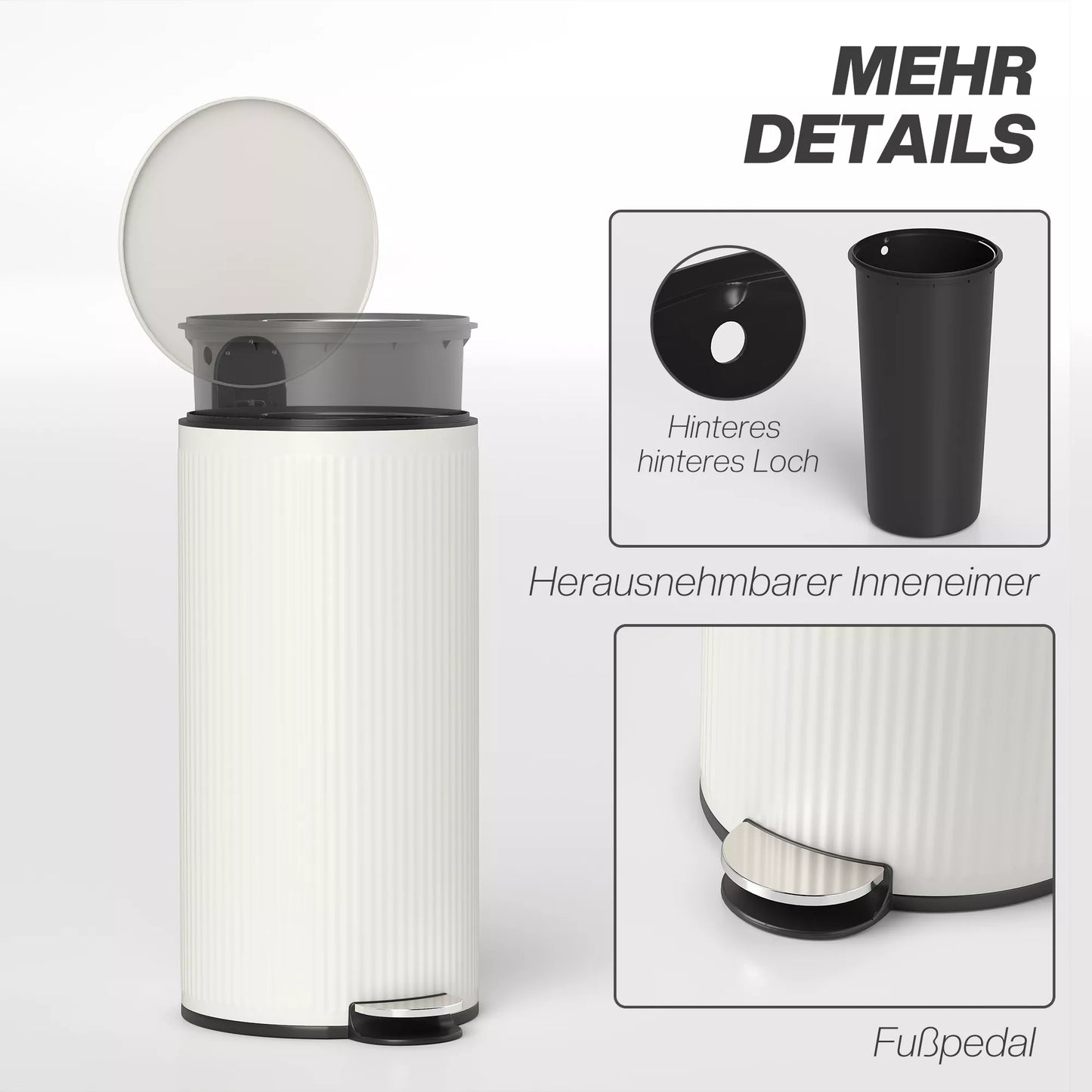 30 L matinė šiukšliadėžė su „Softclose“ dangčiu ir pedalu, vidinis kibiras metalinis, juoda, 36 x 30 x 60,5 cm