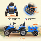 Infografika su mėlyno elektrinio traktoriaus matmenimis: 139 cm ilgis su priekaba, 58 cm plotis