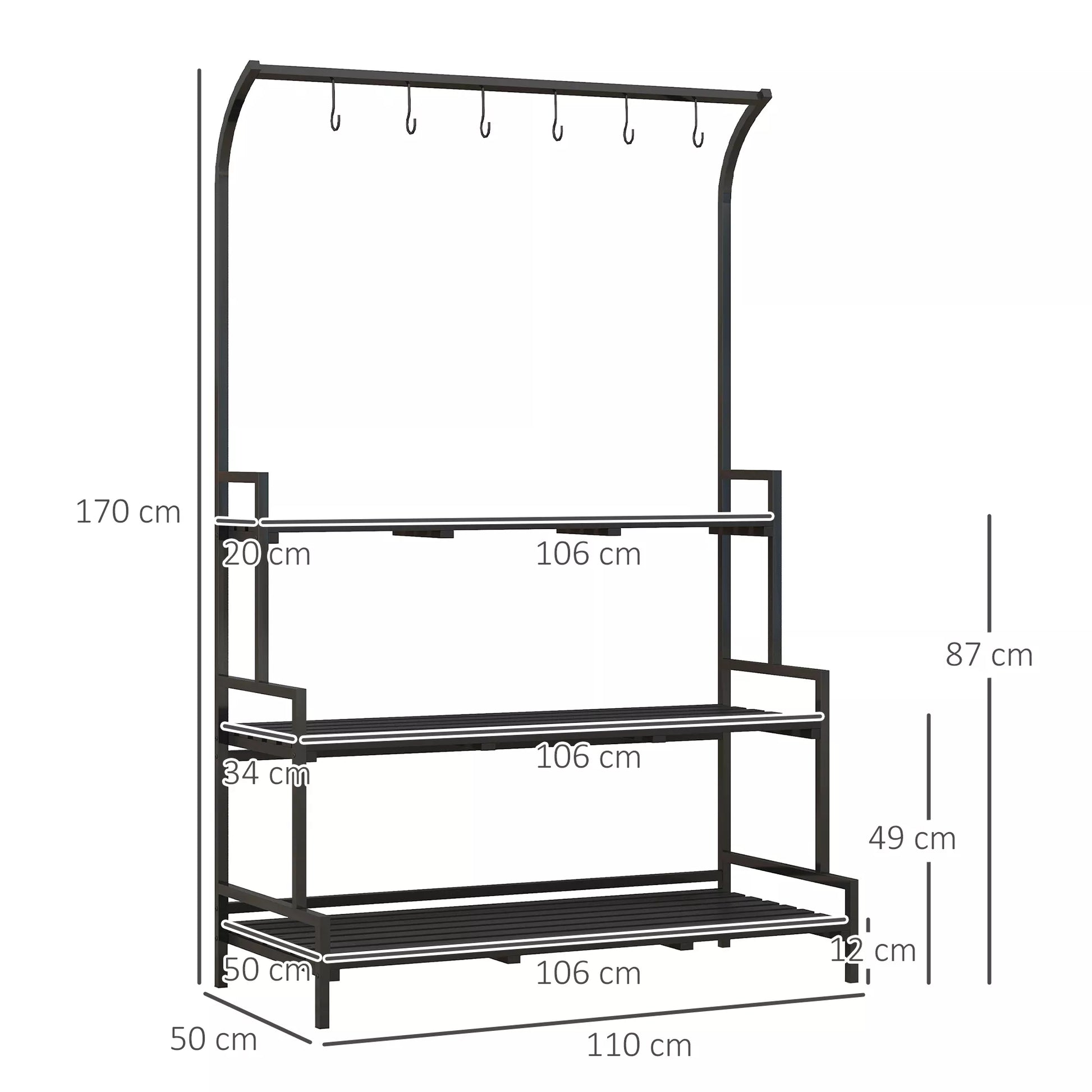 Gėlių stovas, 3 aukštai, 6 kabliai, vidaus ir lauko naudojimui, metalinis rėmas, 170H x 110L x 50B cm, juodas