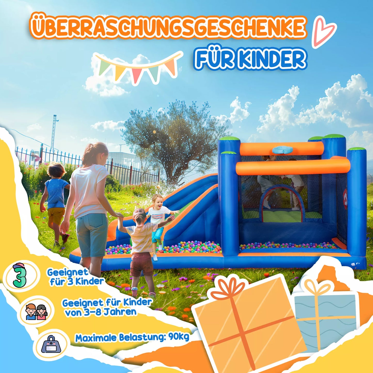 Šokinėjančioji pilis su raukiniais, šokinėjimo zona, baseinas, pripučiama, su elektrine pompa, skirta iki 3 vaikams, 380 x 340 x 170 cm