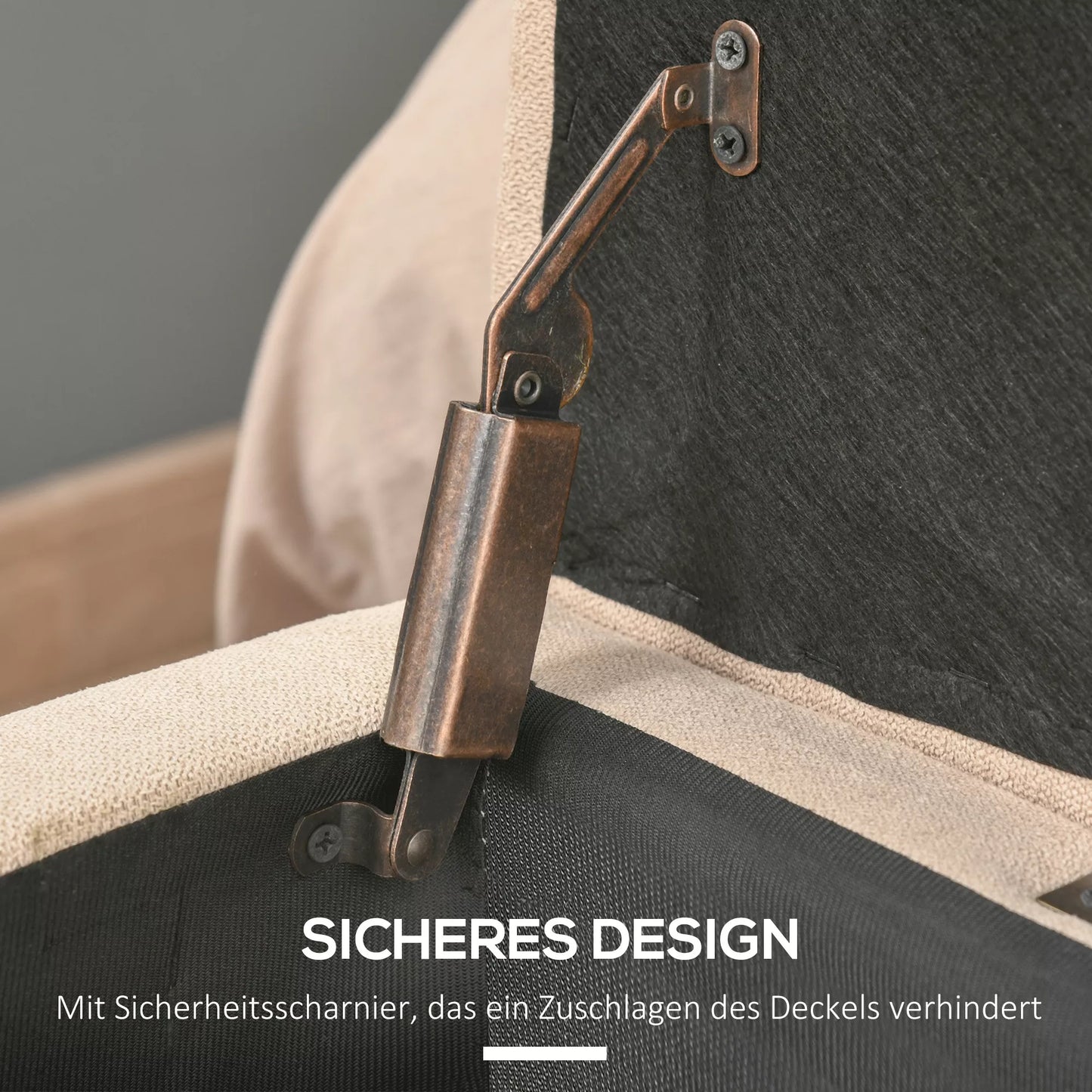 Apmuštas suoliukas su daiktadėže, sagčių apdaila, iki 120 kg, 125 x 49 x 41,5 cm, smėlio spalvos