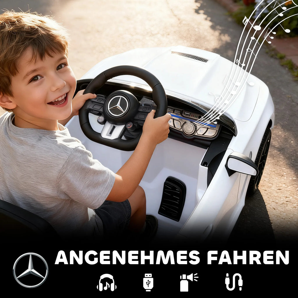 Vaikų elektrinis automobilis, „Mercedes“ dizainas, 12 V varikliai, nuotolinio valdymo pultas, LED žibintai, muzika, skirtas 3–6 metų vaikams, baltas