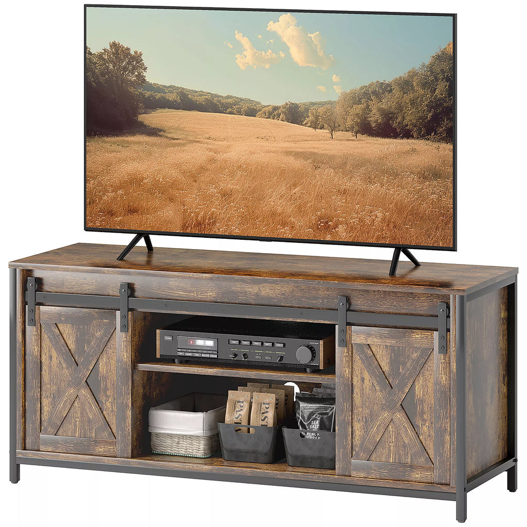 TV spintelė, pramoninis dizainas, skirta 60 colių televizoriams, 6 skyriai, 2 stumdomos durys, ruda/juoda