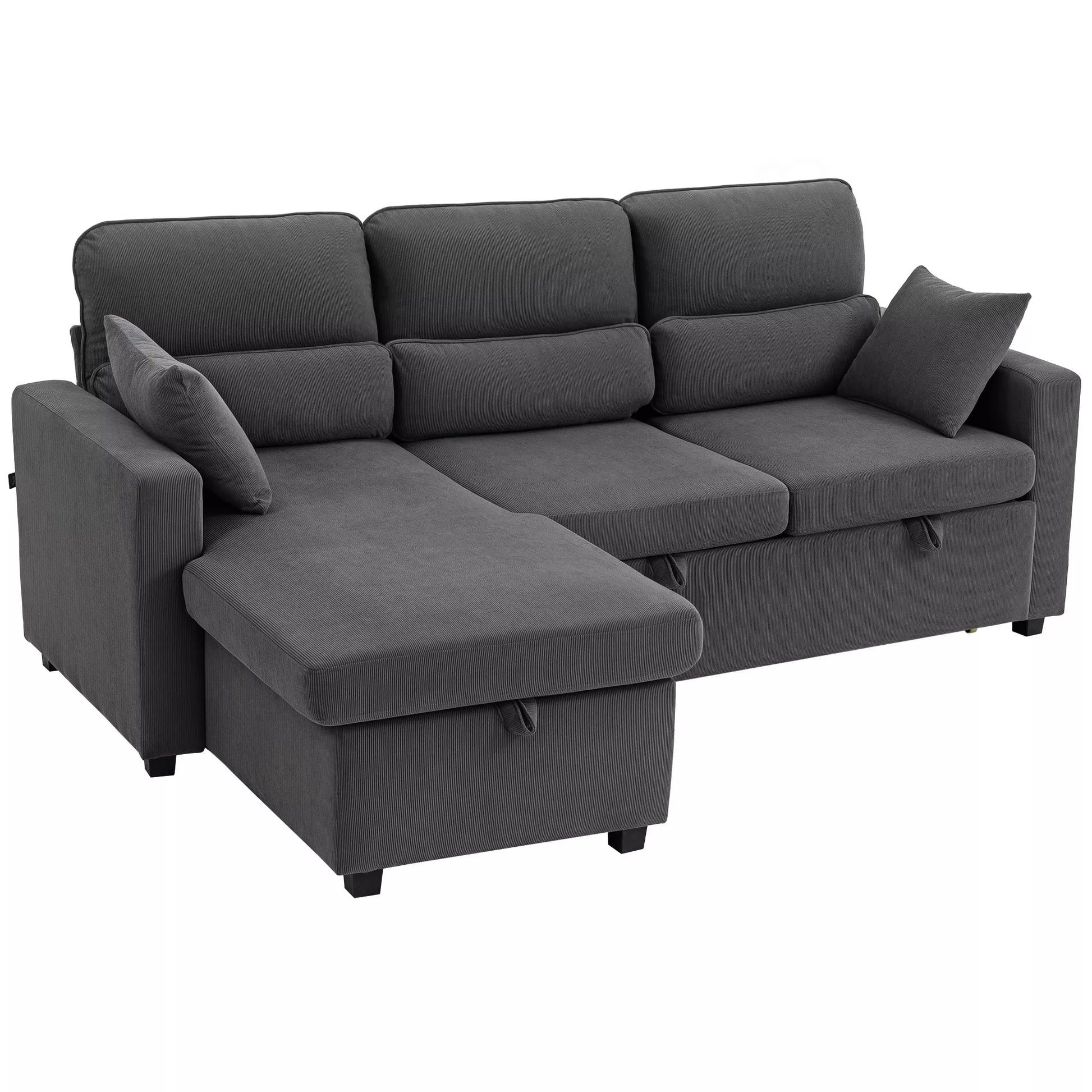 Reguliuojama sofa-lova, L formos svečių sofa su miegojimo funkcija, daiktų laikymo vieta, pagalvėlėmis, skirta svetainei, svečių kambariui, tamsiai pilka