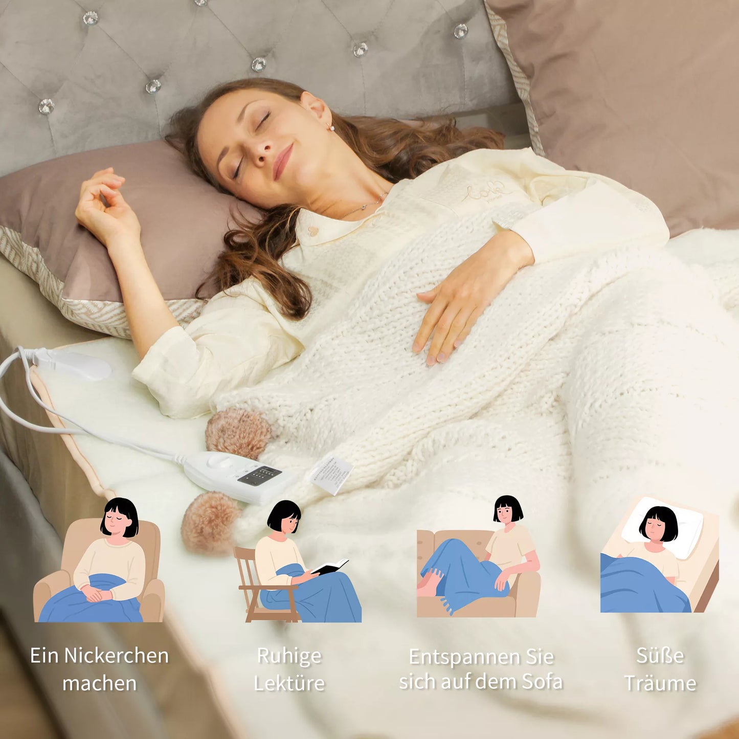 Šildoma antklodė su dviejų zonų valdymu 160 x 140 cm, skalbiama skalbimo mašinoje, su 5 šildymo lygiais, 10 valandų laikmačiu, apsauga nuo perkaitimo