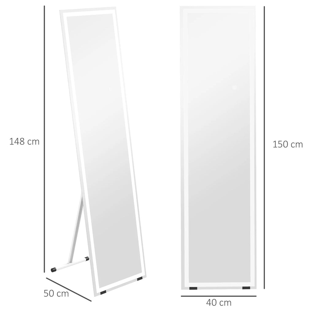Pastatomas veidrodis, sieninis veidrodis, pilno kūno veidrodis, su LED apšvietimu, 40 cm x 150 cm, Baltas + Sidabrinis
