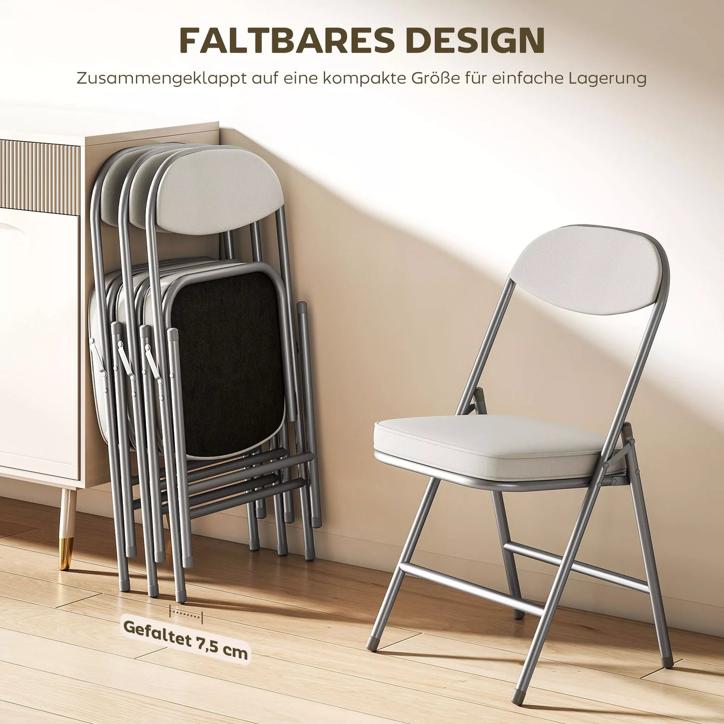 4 vnt. minkštų sulankstomų kėdžių komplektas, sulankstomos kėdės su kordiniu užvalkalu, atlošu, metaliniu rėmu, kreminės baltos