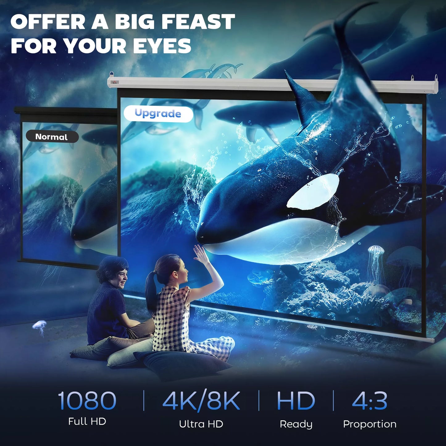 Projektoriaus ekranas, projekcijos ekranas, 100 colių, 4:3, 203x152 cm, baltas