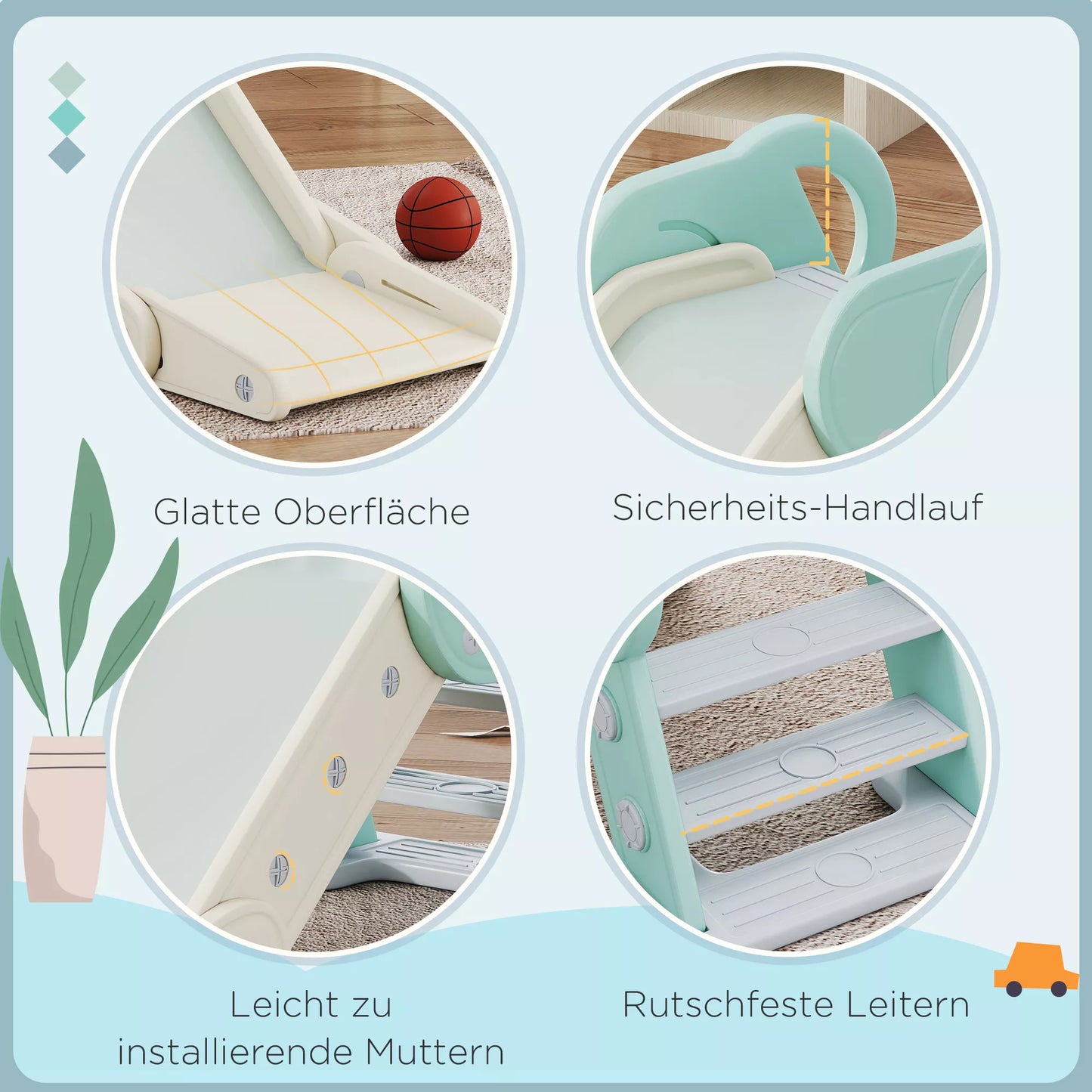 Slydimo kalnelis mažiems vaikams, sulankstomas, skirtas naudoti patalpose, neslidžios pakopos, padidintas saugos kraštas, žalias