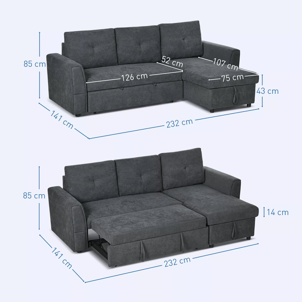 3 vietų sofa su lovos funkcija, miegamoji sofa su šezlongu, minkšta sofa, tamsiai pilka