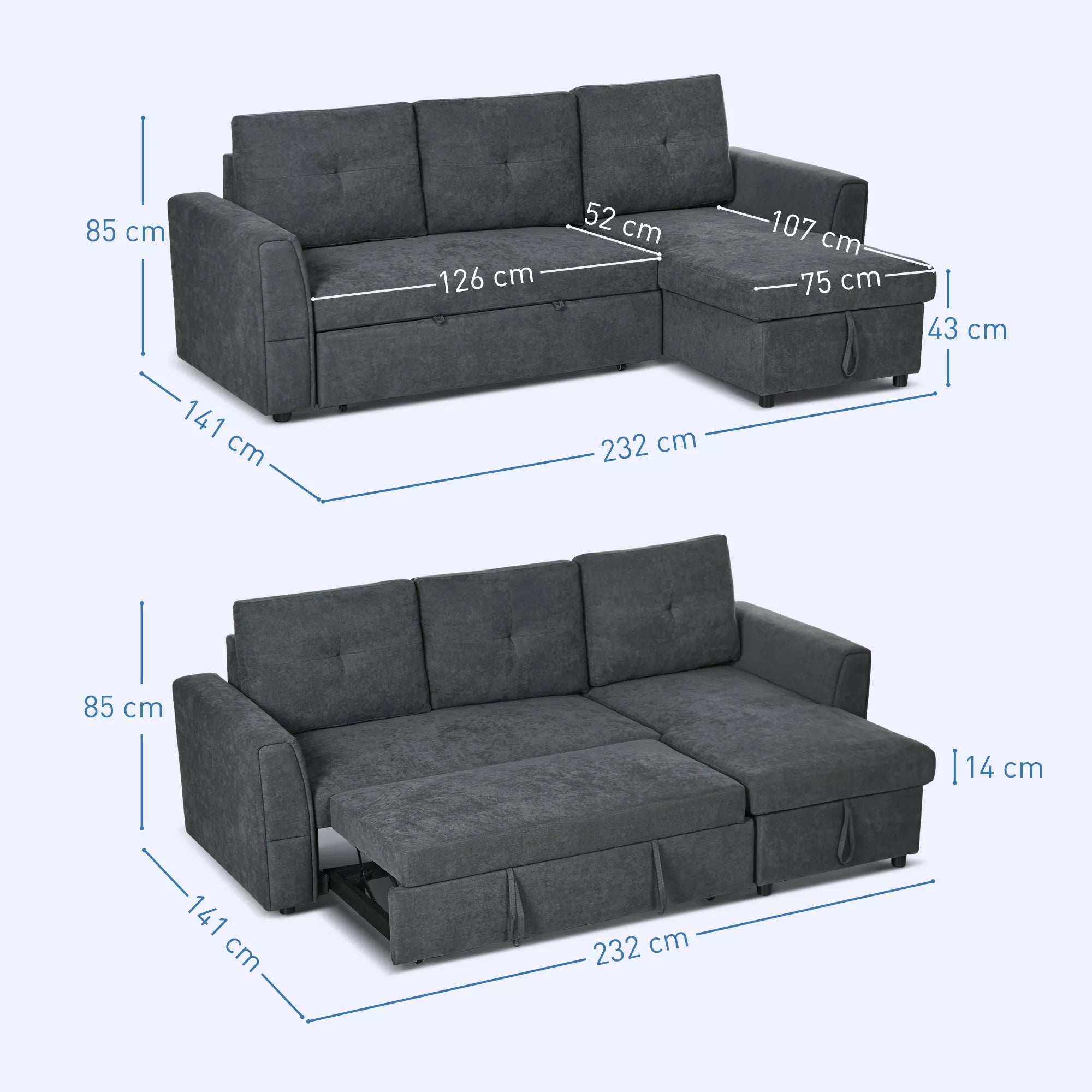 3 vietų sofa su lovos funkcija, miegamoji sofa su šezlongu, minkšta sofa, tamsiai pilka