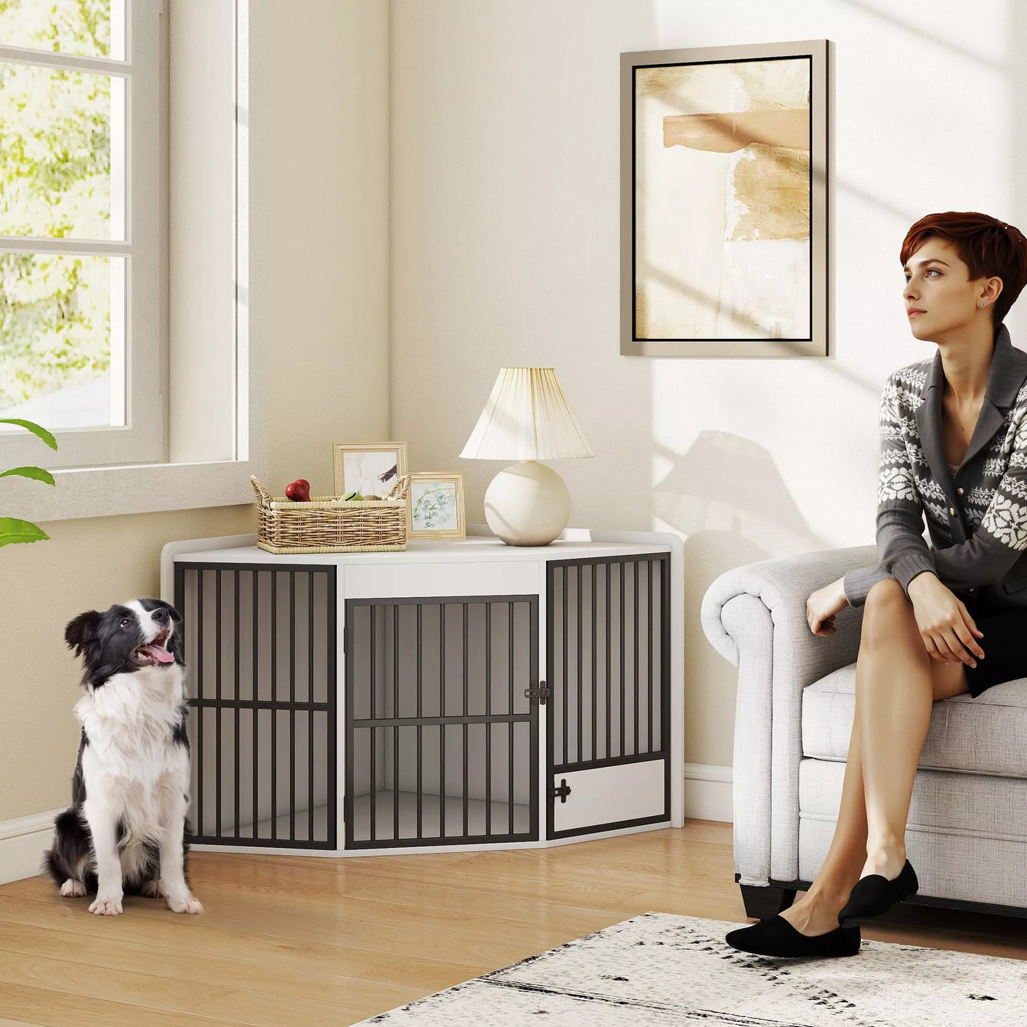 Šunų dėžė, laikymo erdvė mažiesiems ir vidutinio dydžio šunims, gyvūnų laikymo dėžė, maitinimo durelės, MDF, metalas, balta