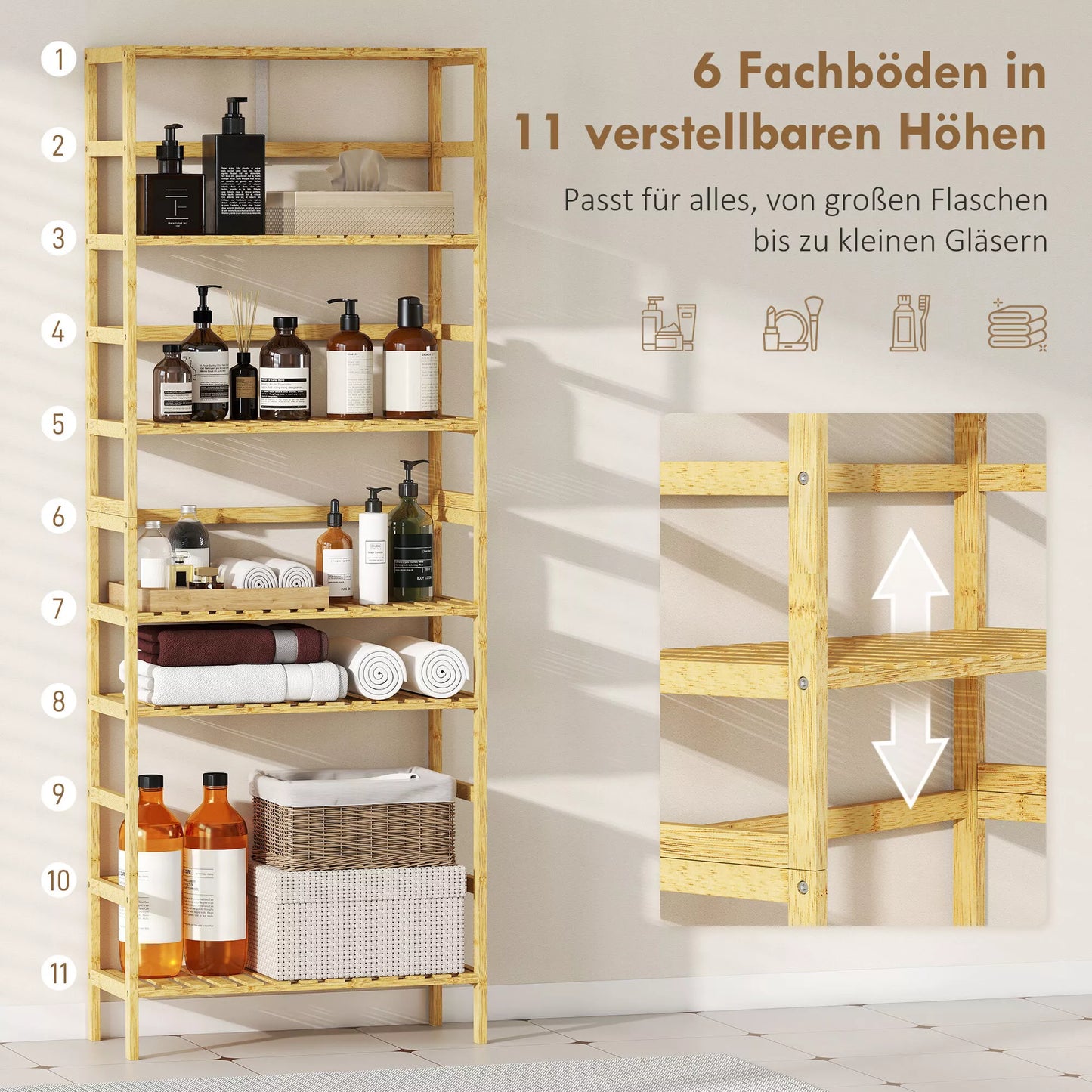 6 lygių bambuko medžio lentynos, reguliuojami lentynų aukščiai, laisvai stovinti lentynų sistema, natūralaus medžio