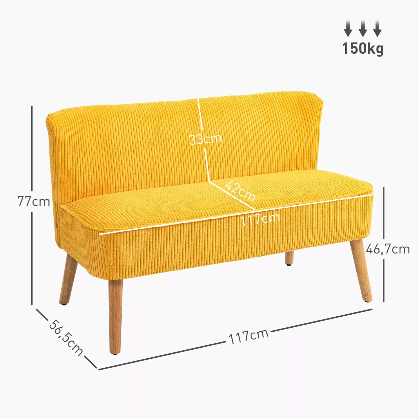 Dviejų vietų sofa, elegantiškas skandinaviškas dizainas, masyvus medinis rėmas, iki 150 kg, 117 x 56,5 x 77 cm, geltona.