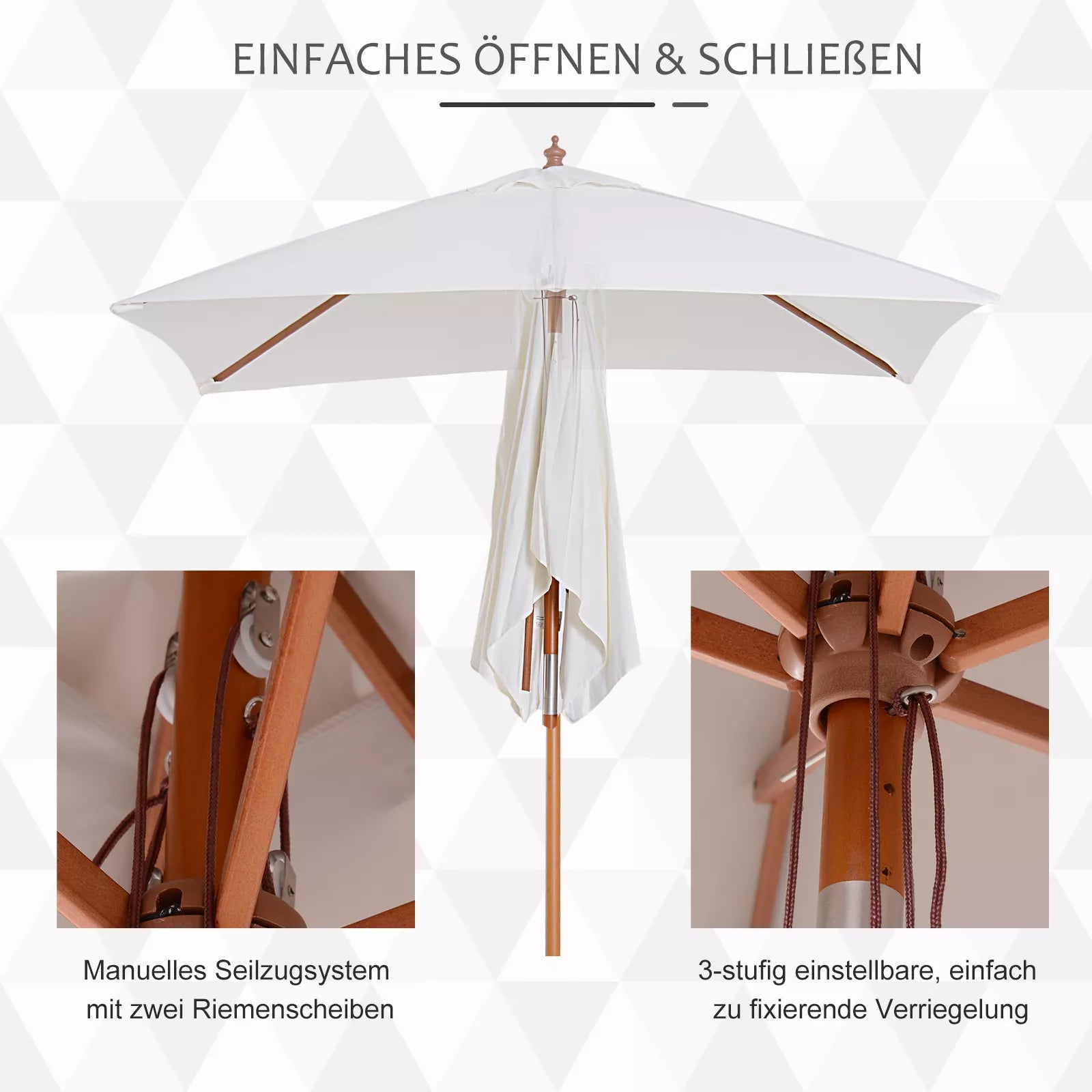 Skėtis nuo saulės 200 x 150 x 235 cm Sulankstomas sodo skėtis, reguliuojamas 3 pakopomis, stačiakampis, atsparus vandeniui ir UV spinduliams, skirtas paplūdimiui, balkonui, terasai, sodui, kreminės baltos spalvos.