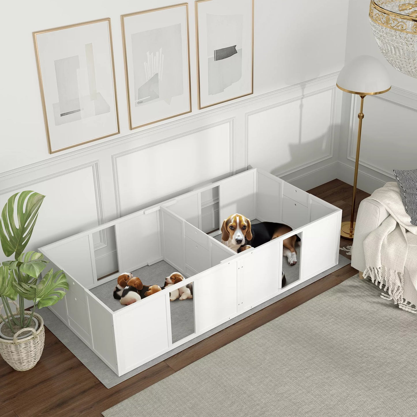 PawHut Veisimo dėžė šuniukams, dalijama į 2 skyrius, su akriliniu langeliu, 196 x 96 x 48 cm, balta