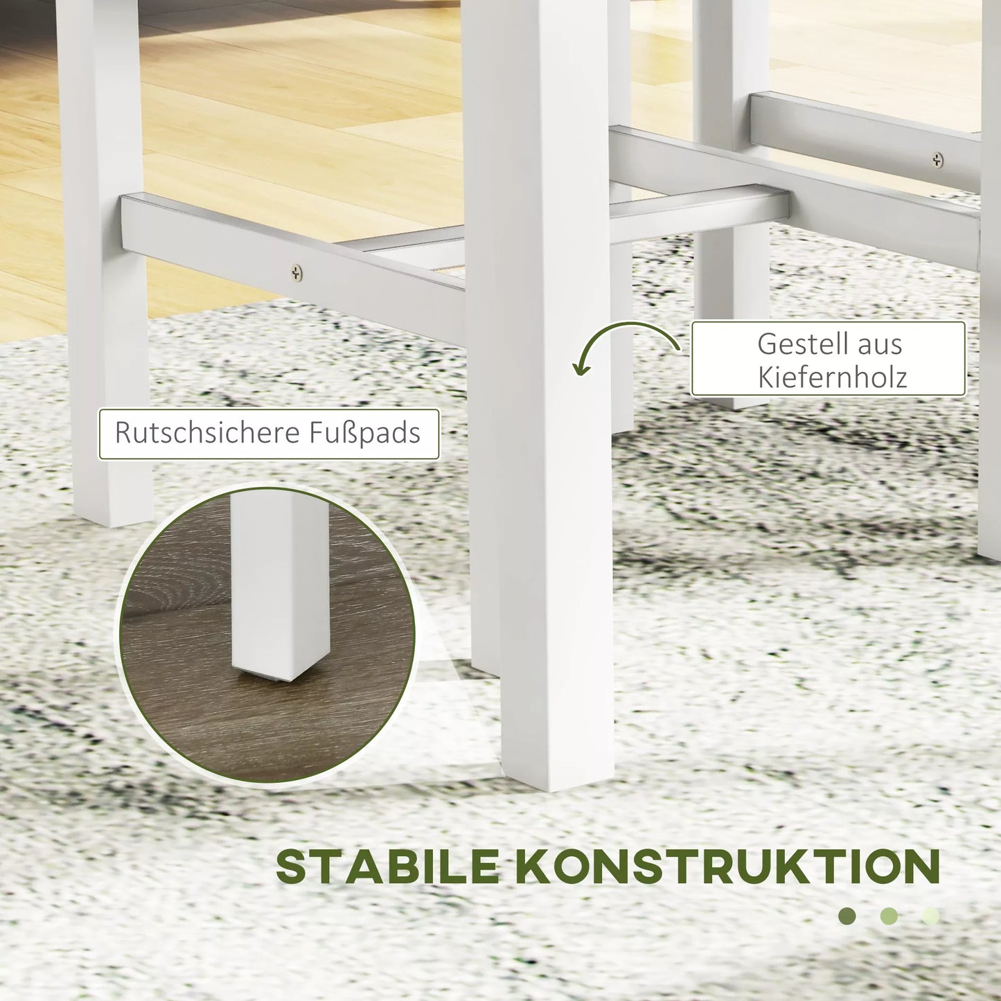 Sėdimoji grupė, 4 dalių valgomojo stalo komplektas, 1 stalas, 1 suolas, 2 kėdės, Pilka + Balta