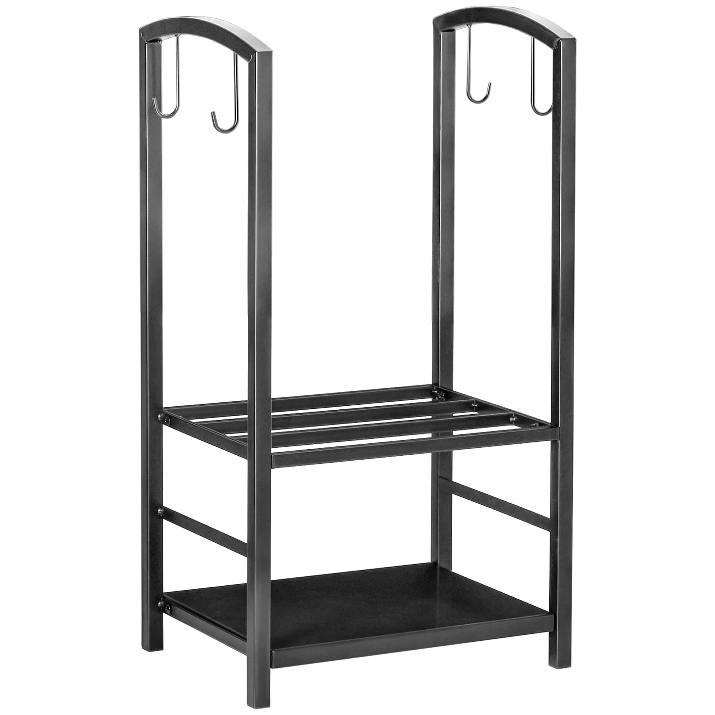 Malkų laikiklis židiniui, 2 aukštų, su židinio priedų vieta, plienas, juodas, iki 100 kg, 40 x 30 x 74,5 cm