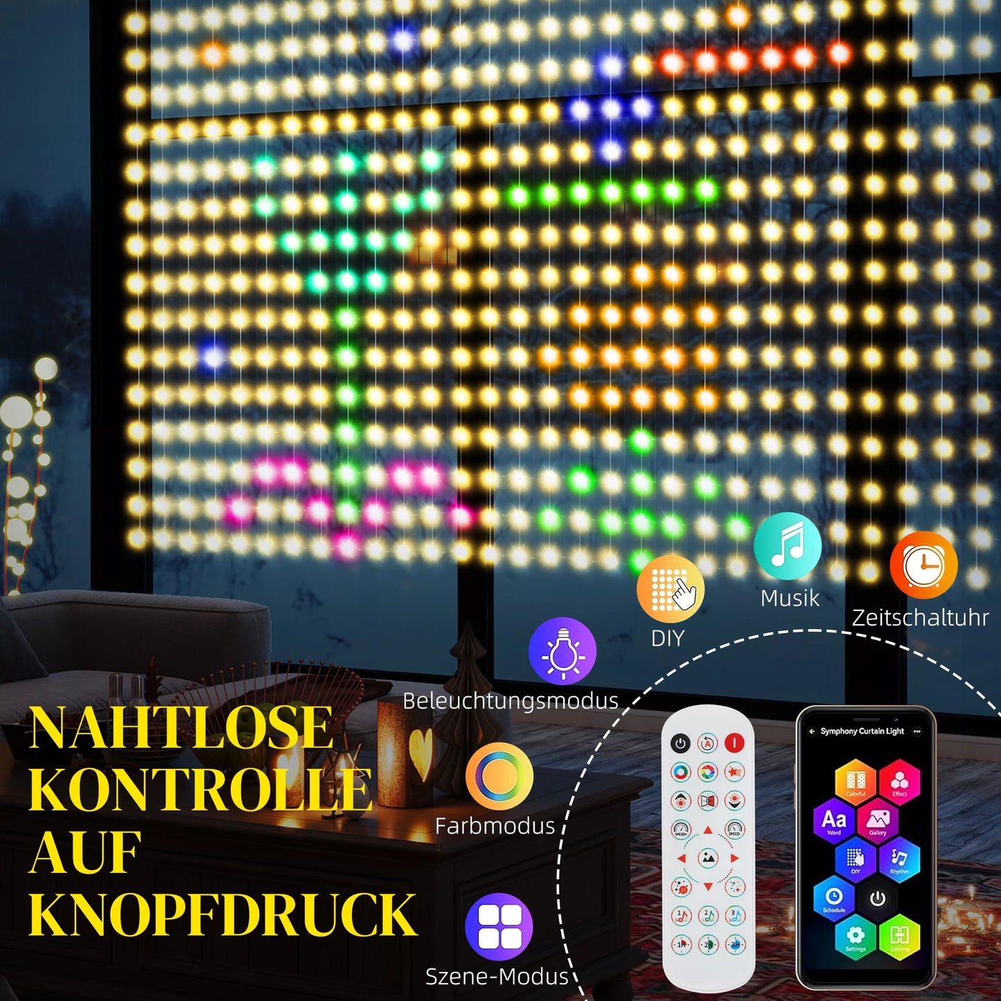 Užuolaida su 400 LED žiburėlių, dinamiškos girliandos su muzikos sinchronizavimu miegamajam, svetainei, 3 x 3 m