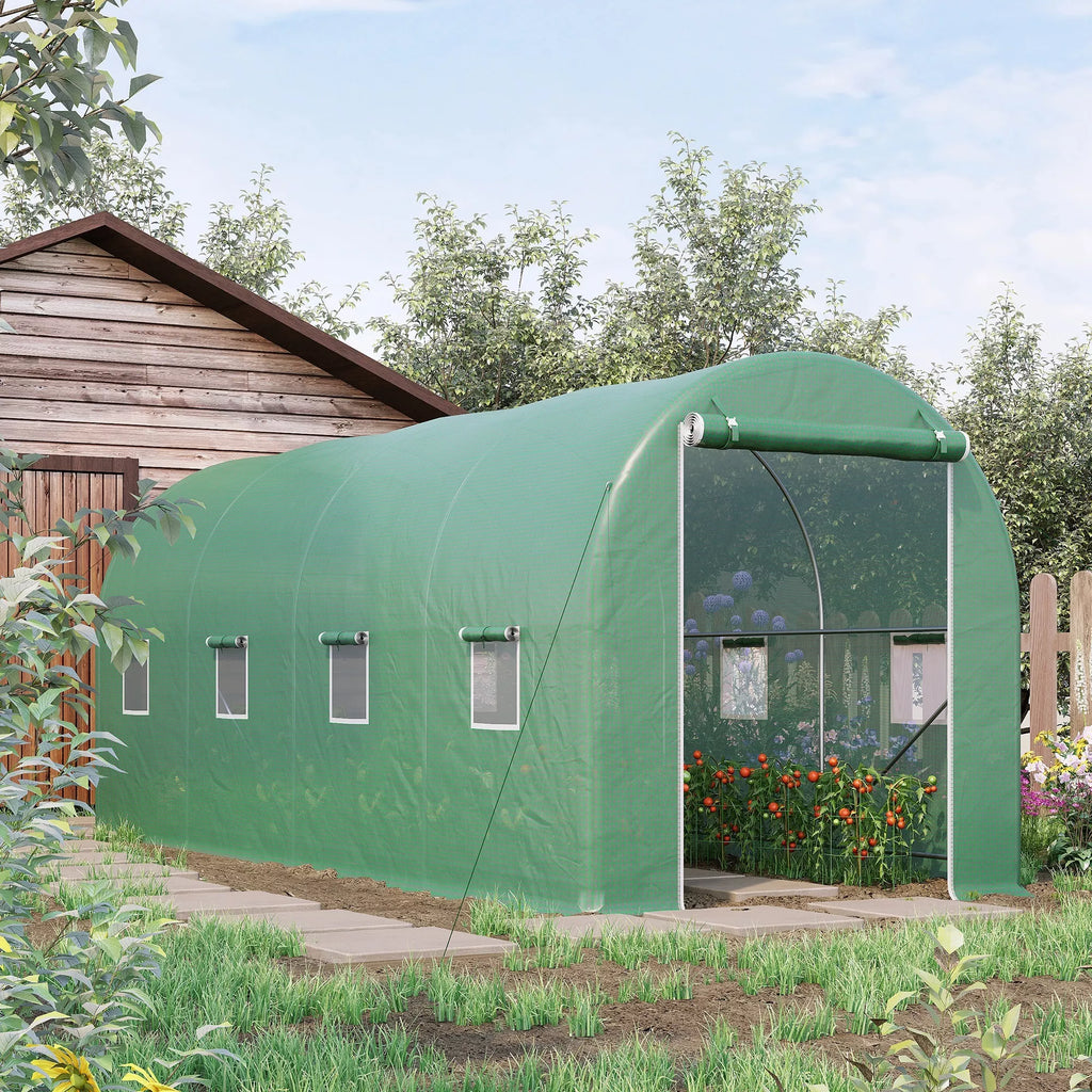 Šiltnamis 500x200x205 cm Plėvelinis šiltnamis Pomidorų šiltnamis su durimis, 8 langais, plėvelinis tunelis iš cinkuoto plieno, PE, tvirtas šiltnamis Augalų tunelis, įskaitant žemės inkaro ir virves, žalias