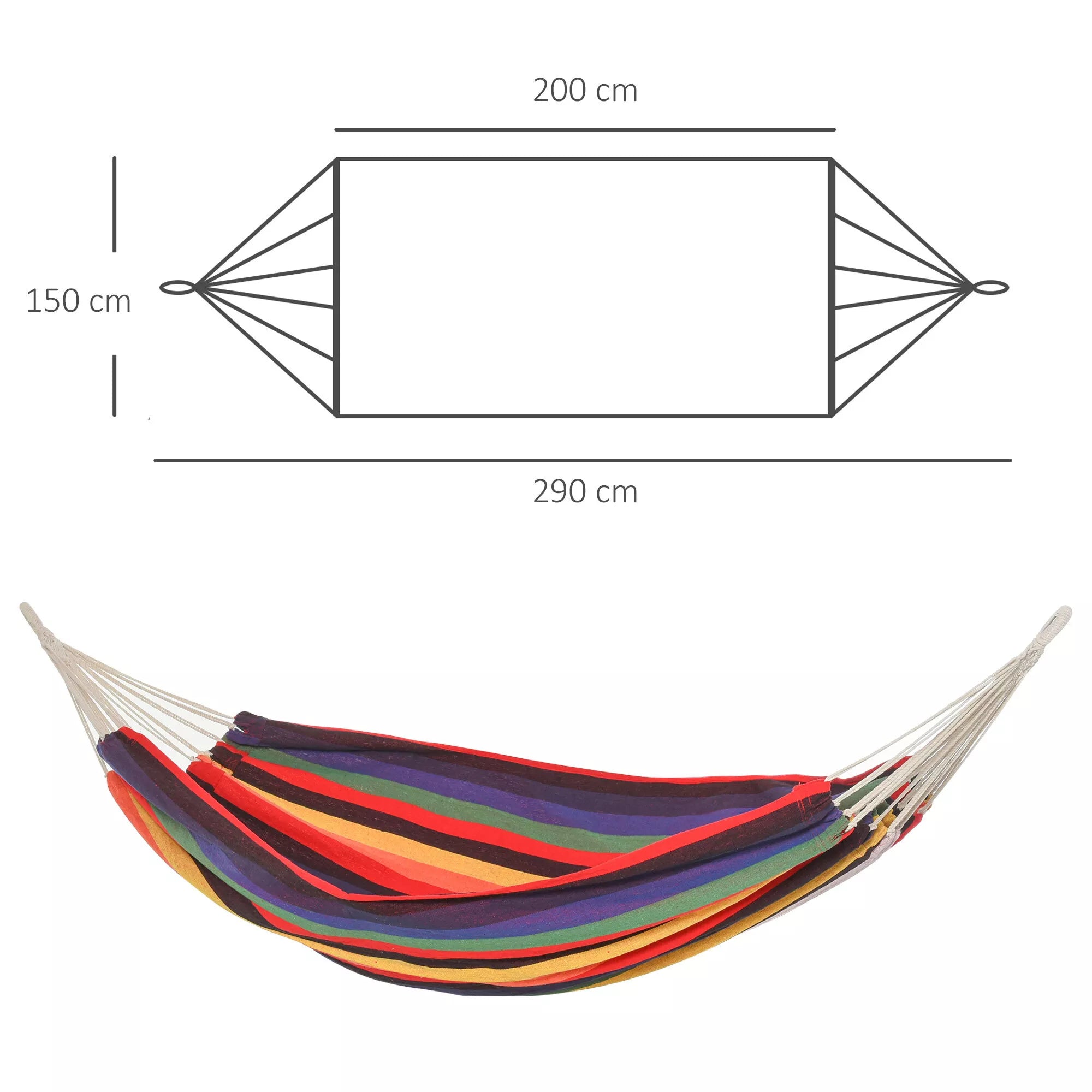 Lauko hamakas iš medvilnės su nešimo maišeliu, atlaiko iki 120 kg, modernus, 290 x 150 cm, įvairių spalvų