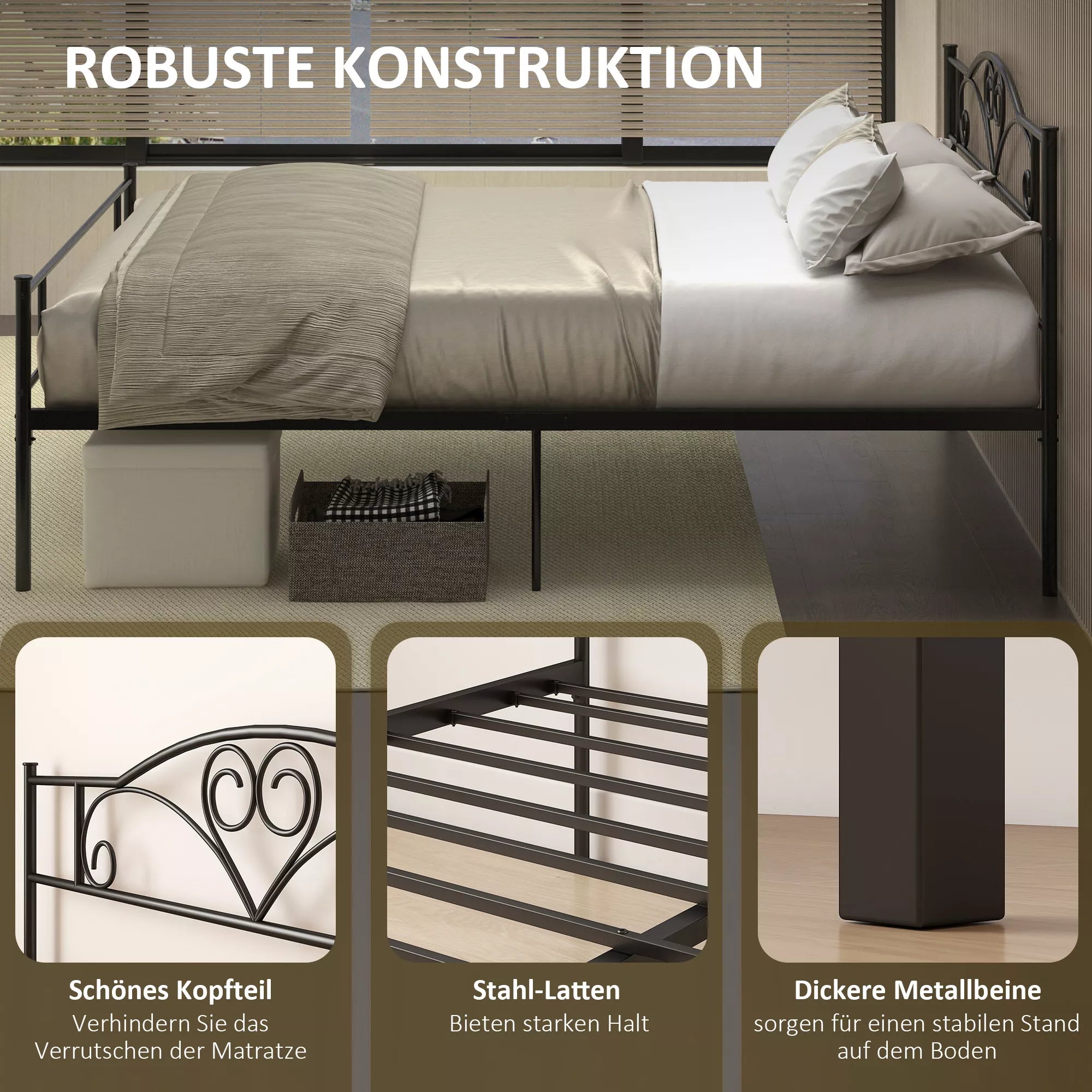 Metalinis lovos rėmas su galvūgalio dalimi, 300 kg apkrova, 145L x 211B x 106H cm, juodas