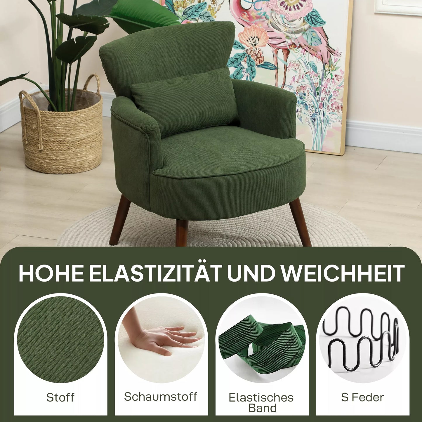 Modernus fotelis, paminkštintas akcentinis krėslas su juosmens atrama, žalias